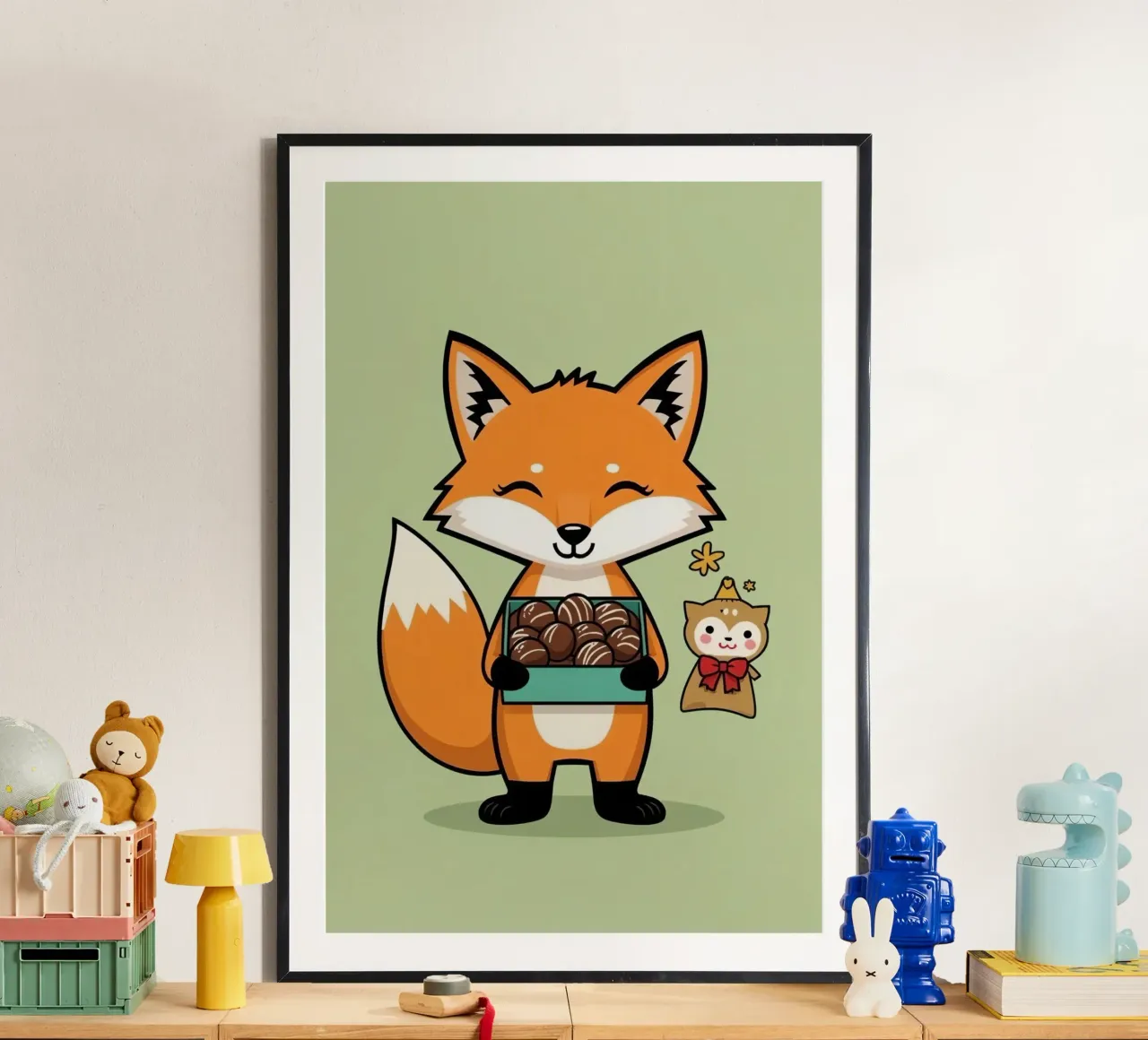 Volpe carina dei cartoni animati che tiene i cioccolatini con l'amico di compagnia poster da DesignDoodle