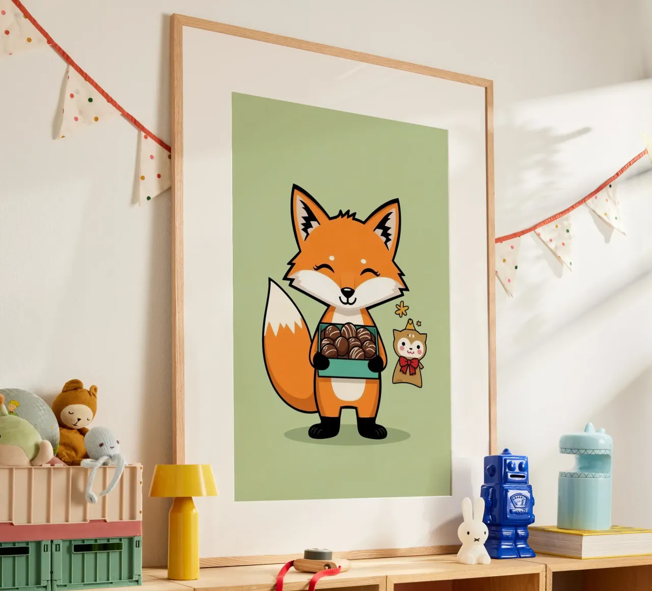 Volpe carina dei cartoni animati che tiene i cioccolatini con l'amico di compagnia poster da DesignDoodle