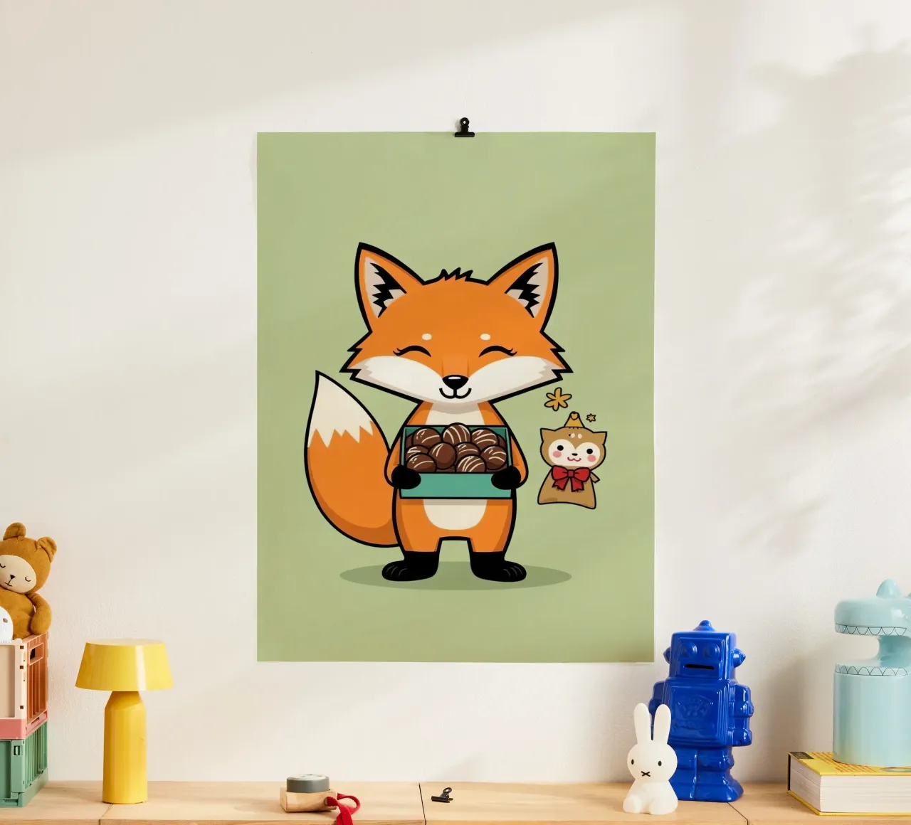 Volpe carina dei cartoni animati che tiene i cioccolatini con l'amico di compagnia poster da DesignDoodle