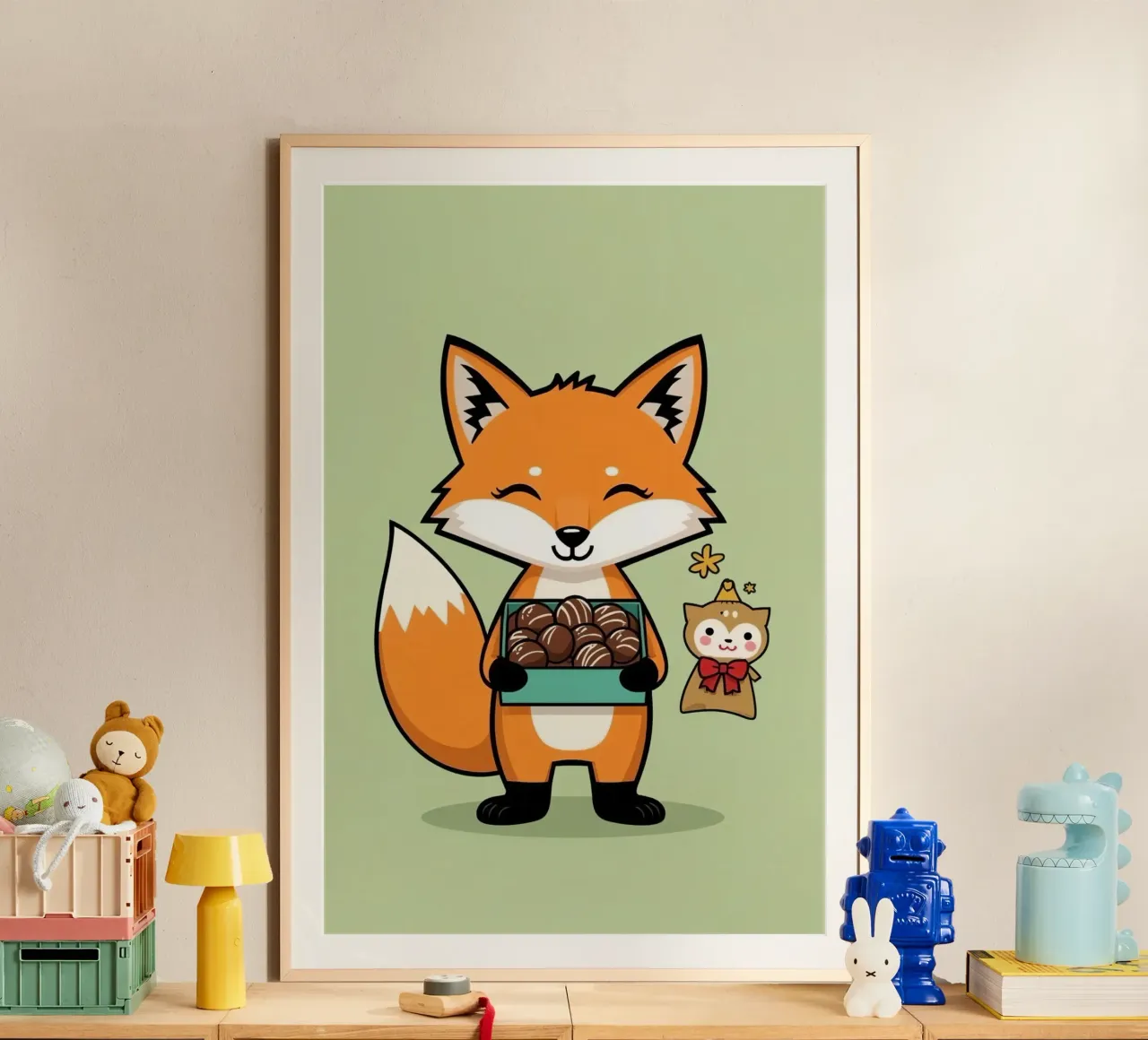 Volpe carina dei cartoni animati che tiene i cioccolatini con l'amico di compagnia poster da DesignDoodle