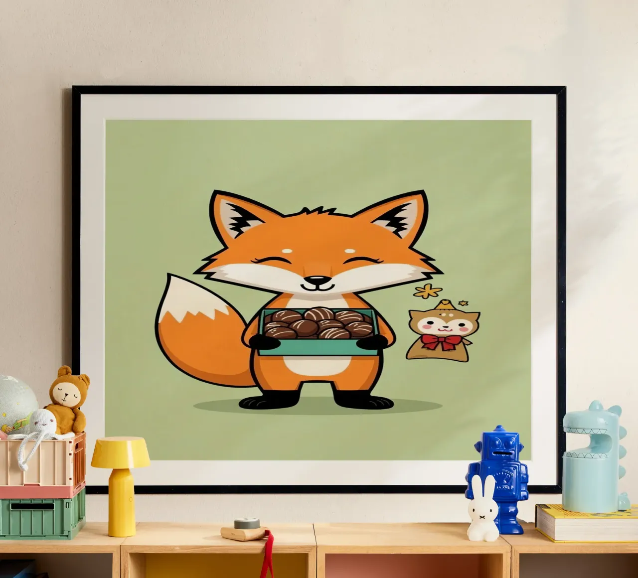 Volpe carina dei cartoni animati che tiene i cioccolatini con l'amico di compagnia poster da DesignDoodle