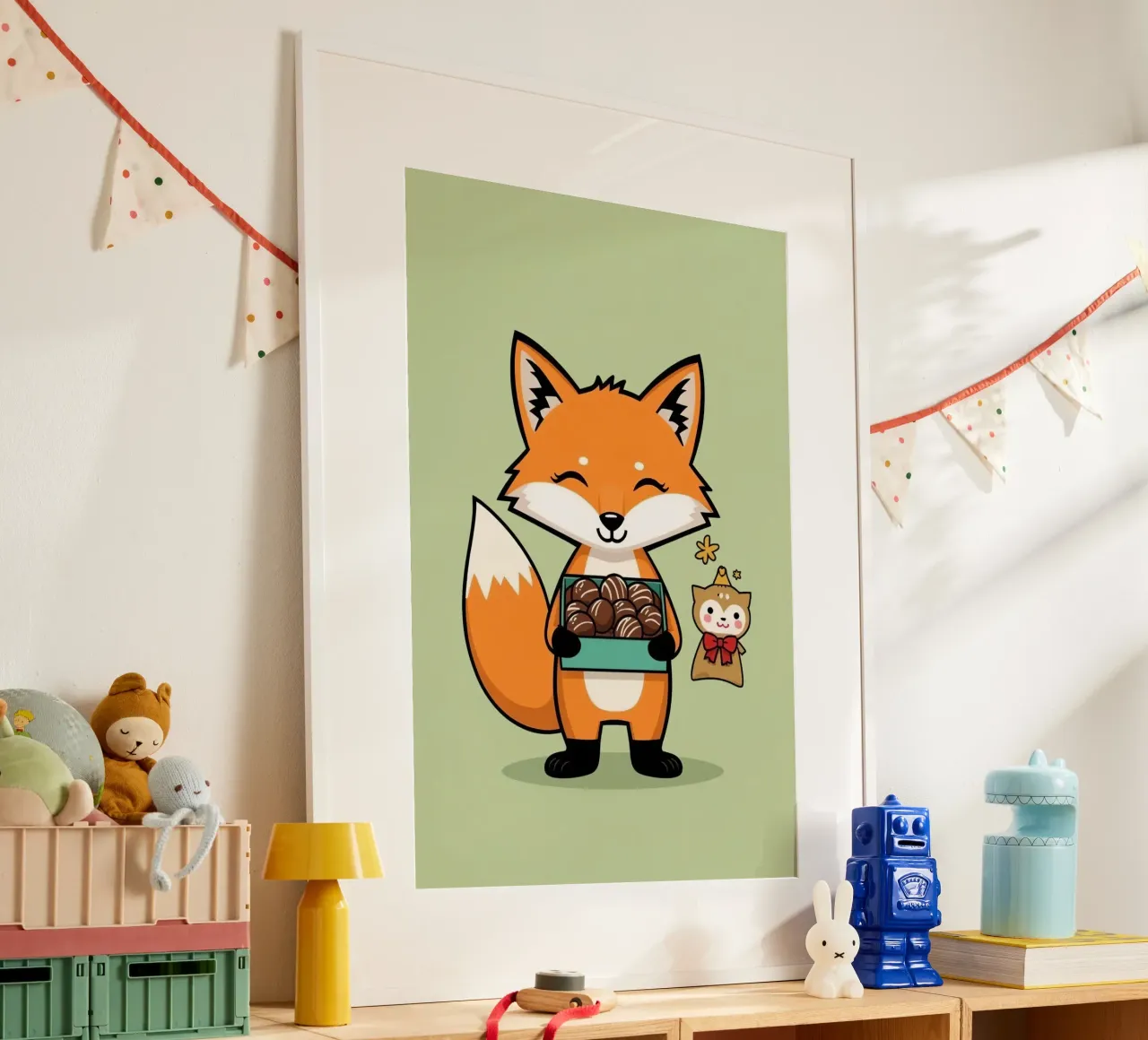 Volpe carina dei cartoni animati che tiene i cioccolatini con l'amico di compagnia poster da DesignDoodle