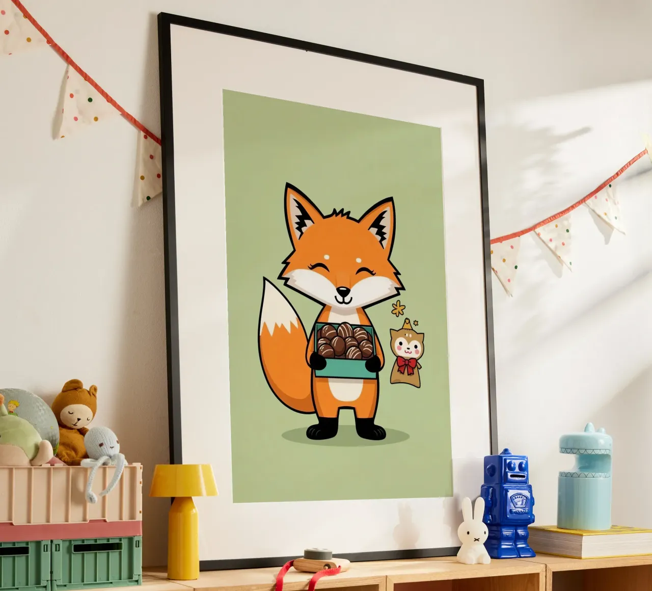 Volpe carina dei cartoni animati che tiene i cioccolatini con l'amico di compagnia poster da DesignDoodle