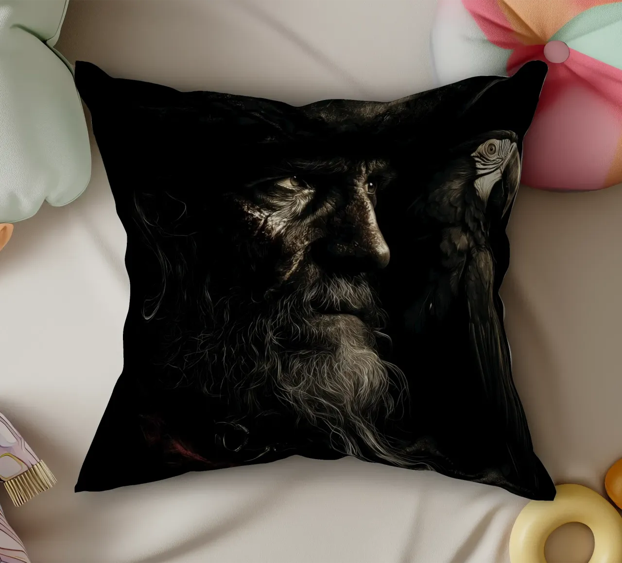 Studio sui pirati scuri con pappagallo cuscino da pixelbull - medieval art and more