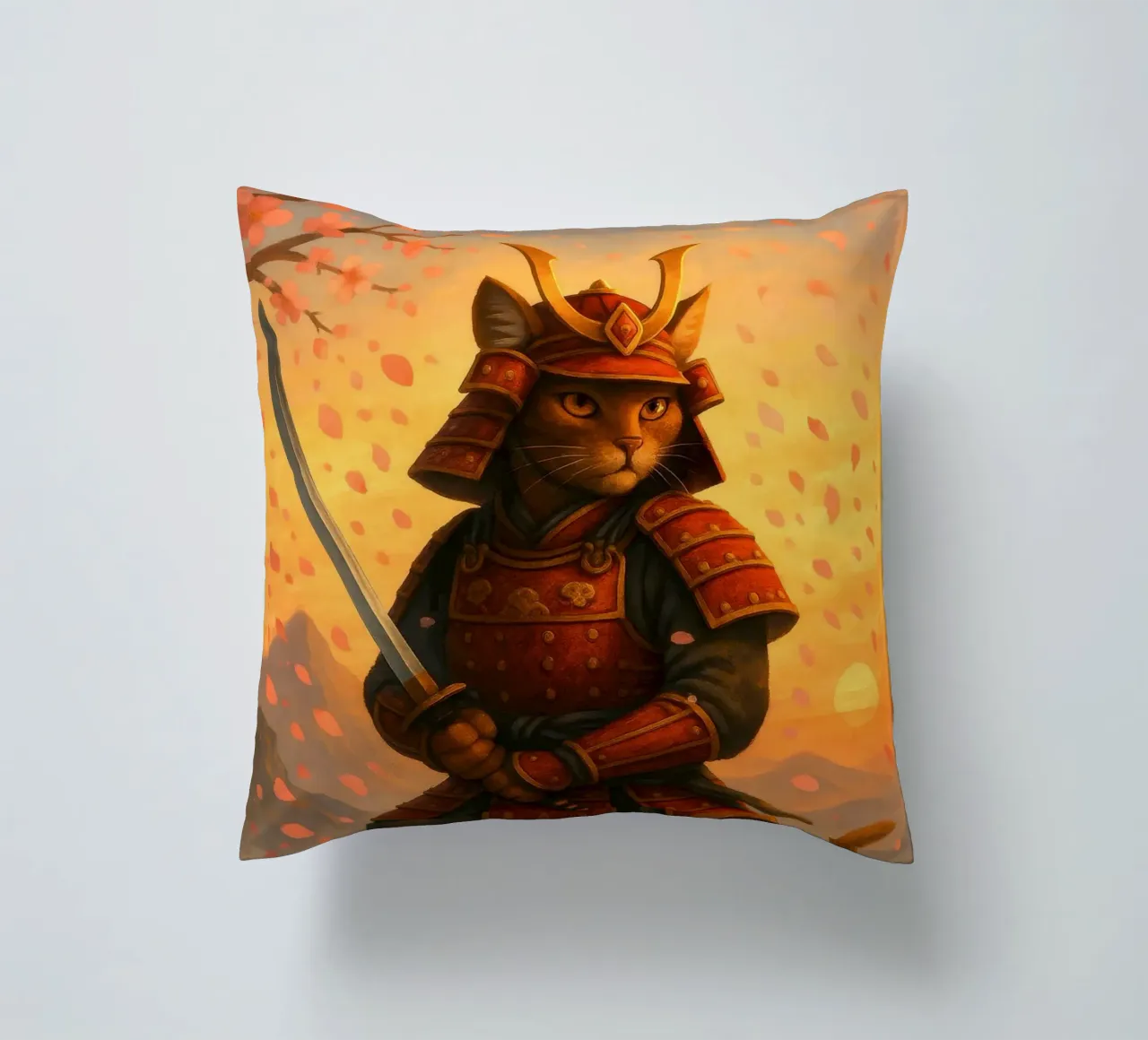 Gatto samurai in una tempesta di fiori di ciliegio cuscino da pixelbull - medieval art and more