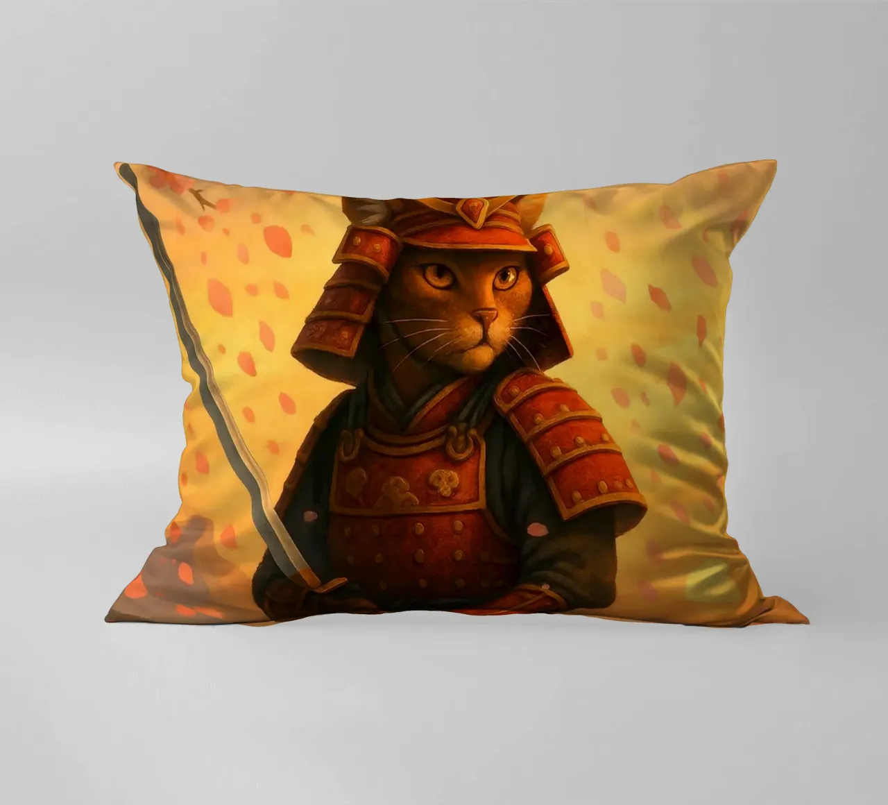 Gatto samurai in una tempesta di fiori di ciliegio cuscino da pixelbull - medieval art and more