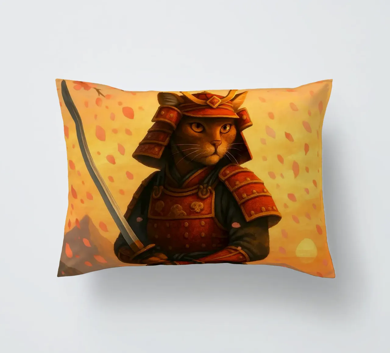Gatto samurai in una tempesta di fiori di ciliegio cuscino da pixelbull - medieval art and more
