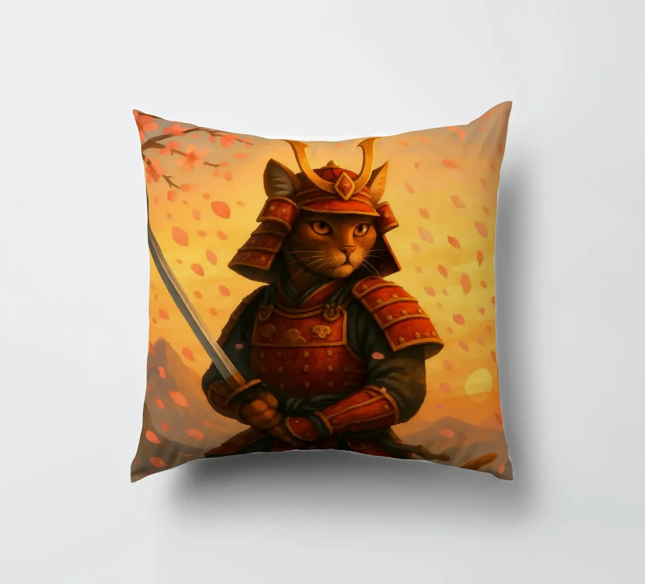Gatto samurai in una tempesta di fiori di ciliegio cuscino da pixelbull - medieval art and more