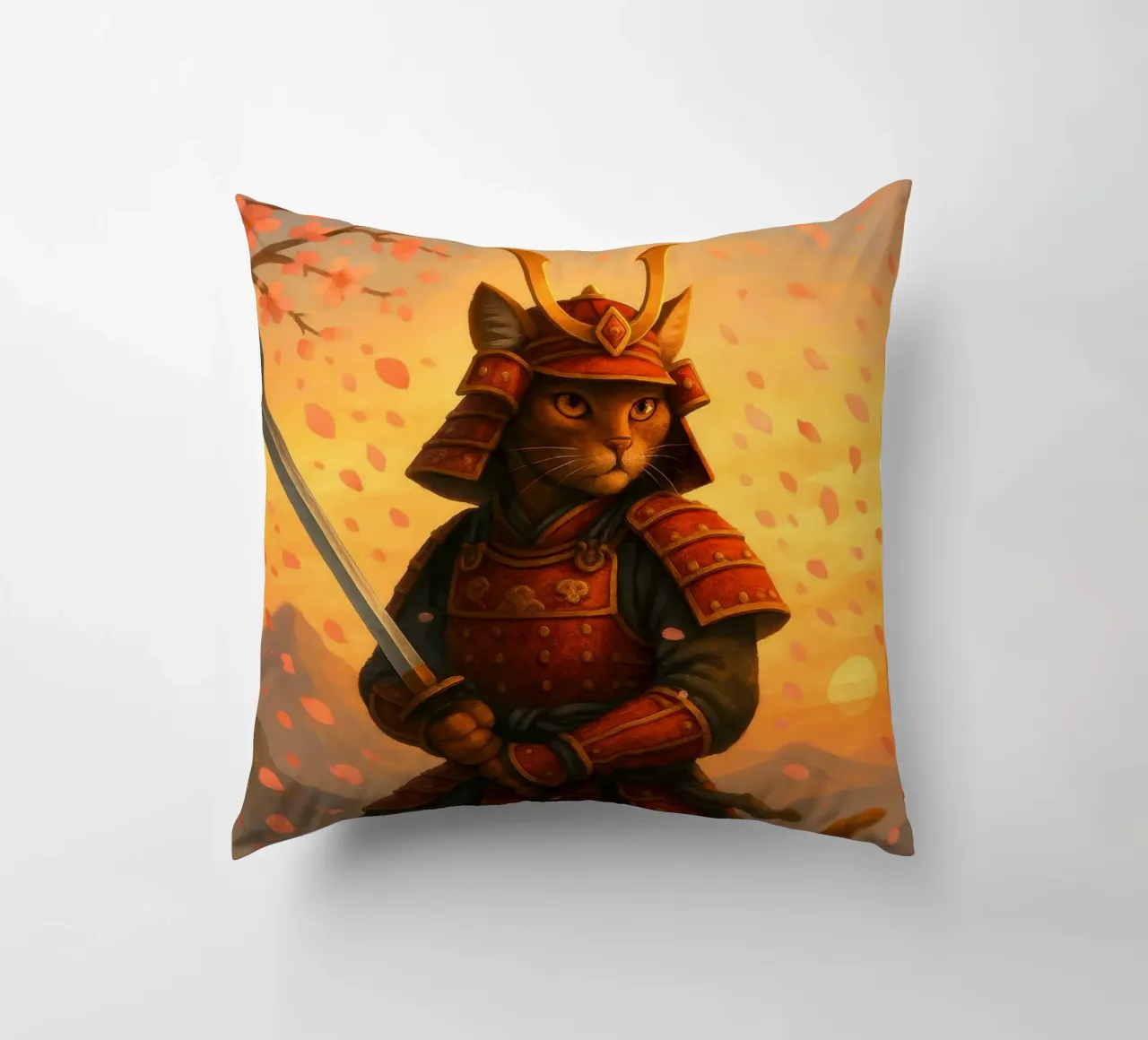 Gatto samurai in una tempesta di fiori di ciliegio cuscino da pixelbull - medieval art and more