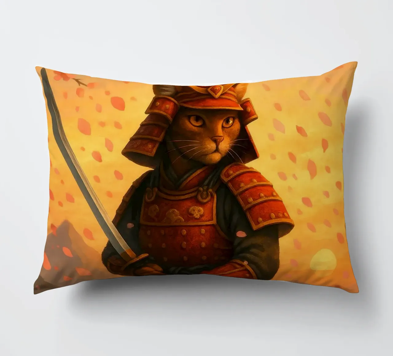 Gatto samurai in una tempesta di fiori di ciliegio cuscino da pixelbull - medieval art and more