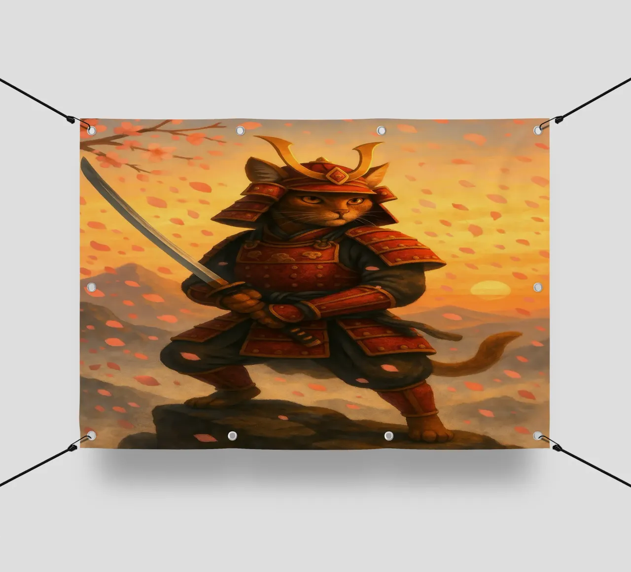 Gatto samurai in una tempesta di fiori di ciliegio telo in pvc da pixelbull - medieval art and more