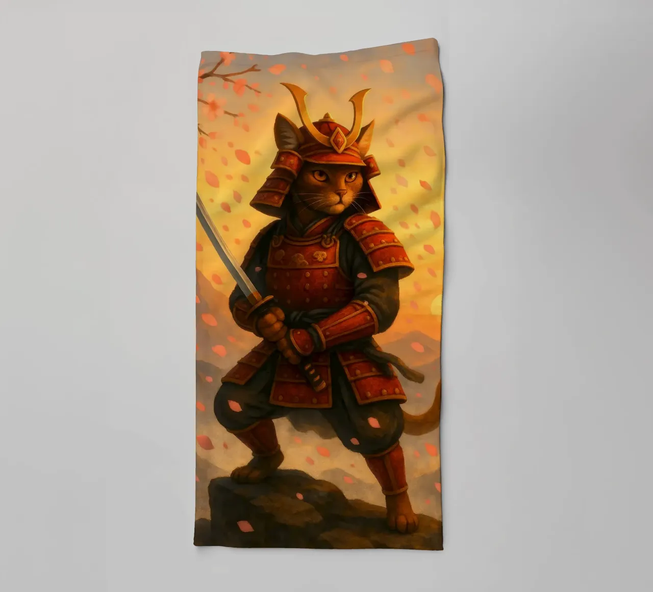 Gatto samurai in una tempesta di fiori di ciliegio asciugamano da bagno da pixelbull - medieval art and more