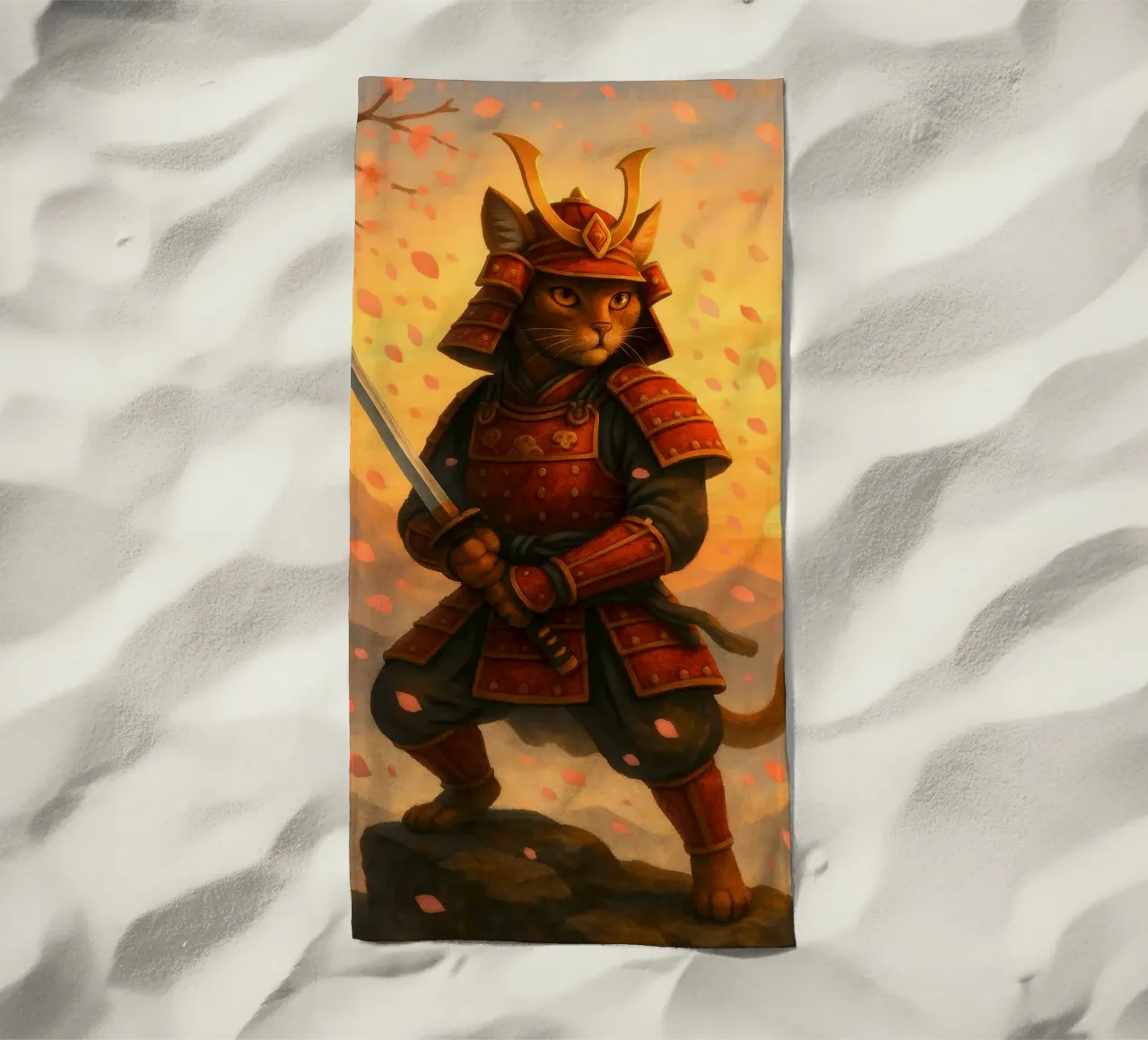 Gatto samurai in una tempesta di fiori di ciliegio telo mare da pixelbull - medieval art and more