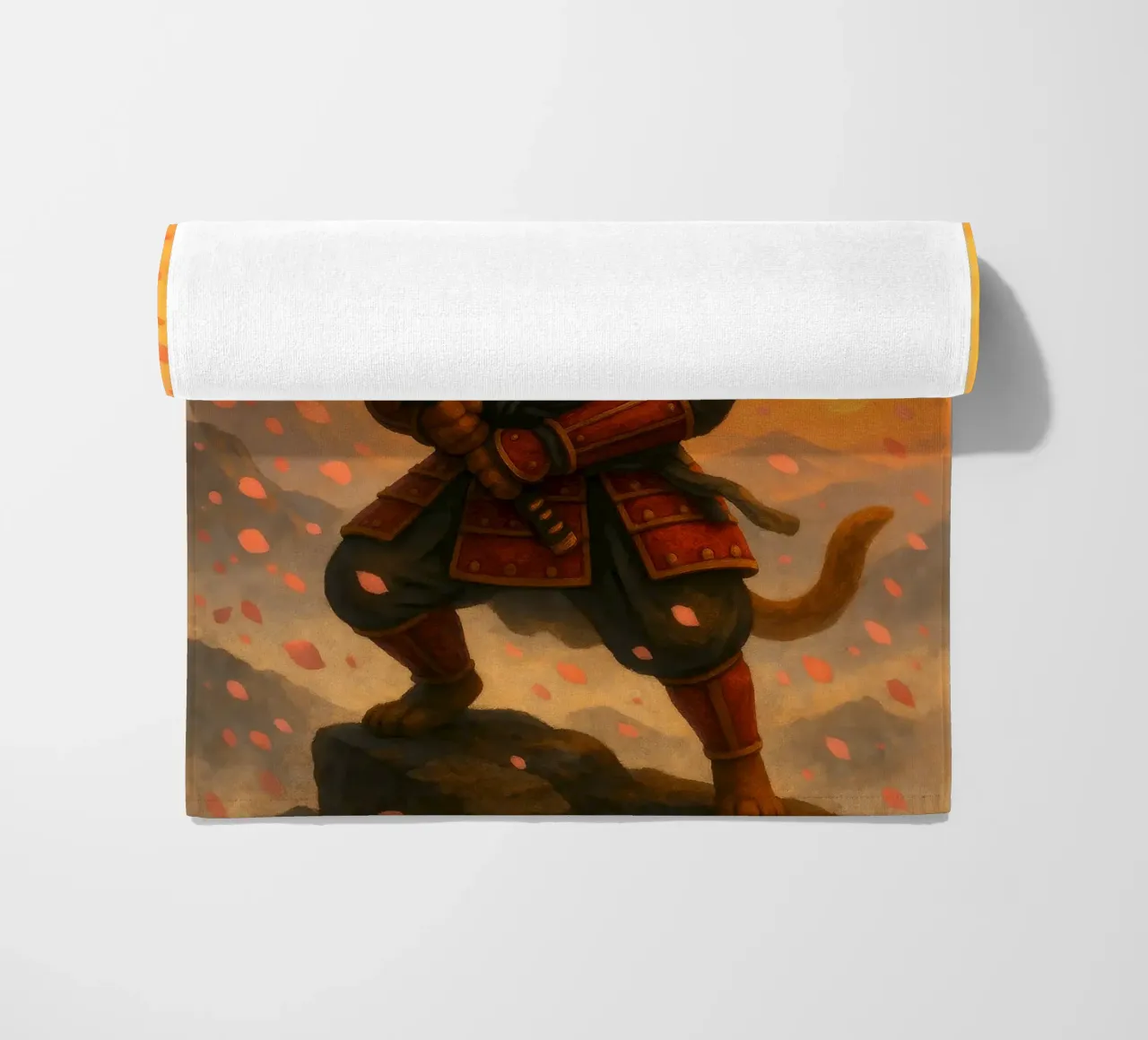 Gatto samurai in una tempesta di fiori di ciliegio telo mare da pixelbull - medieval art and more