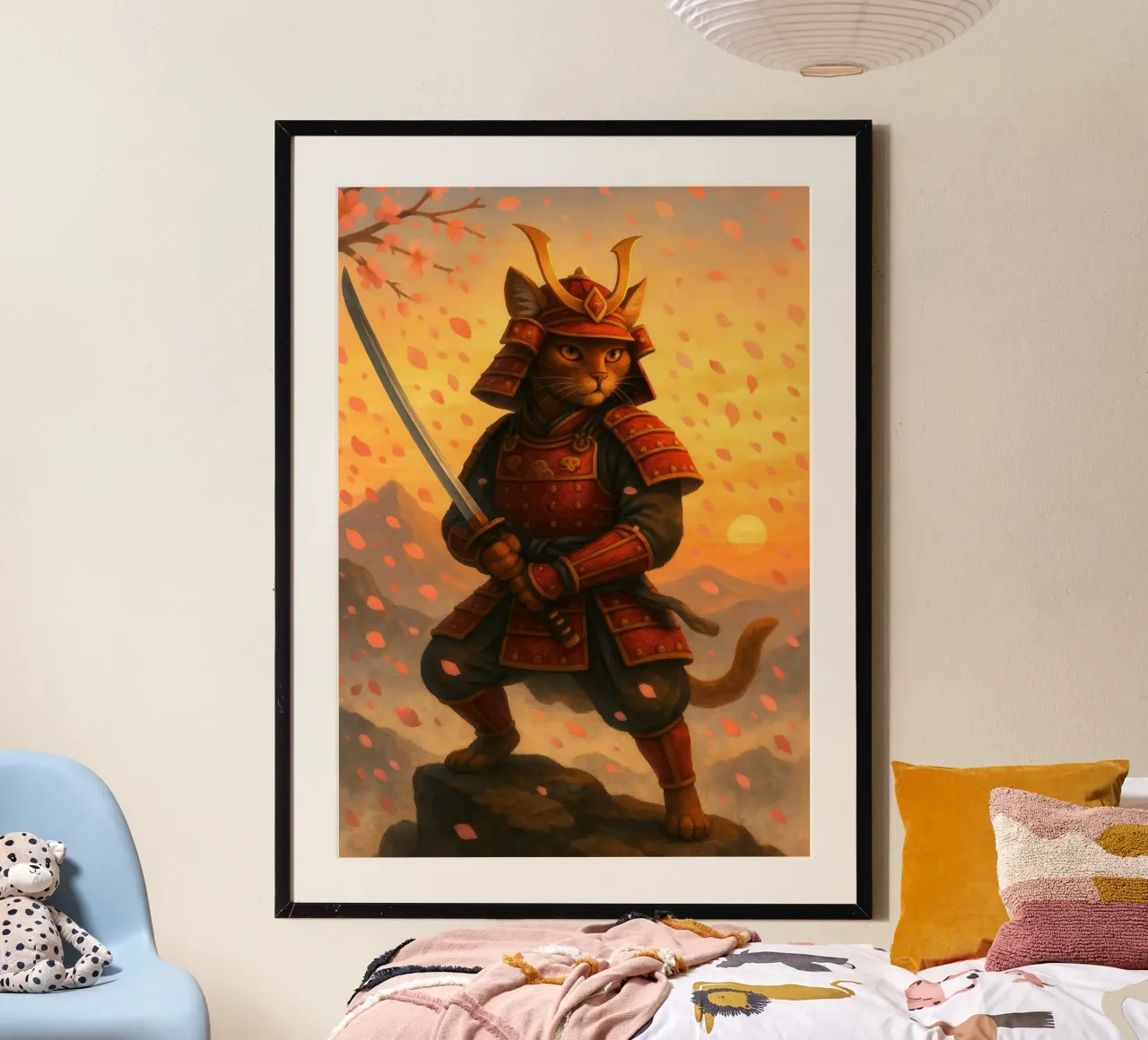 Gatto samurai in una tempesta di fiori di ciliegio poster con telaio in alluminio da pixelbull - medieval art and more