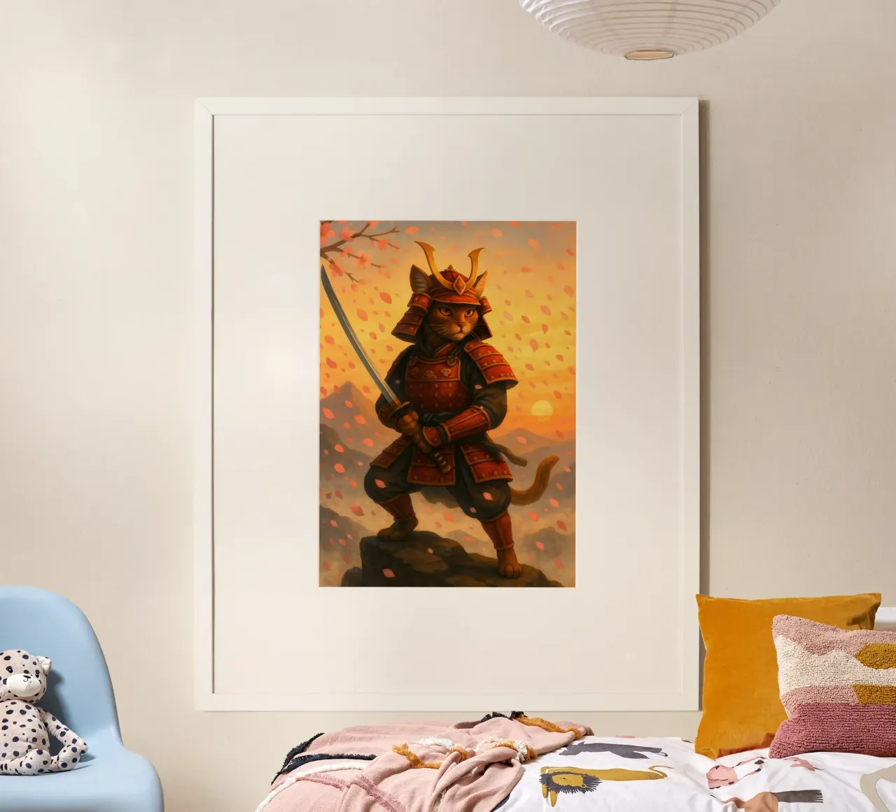 Gatto samurai in una tempesta di fiori di ciliegio poster con telaio in alluminio da pixelbull - medieval art and more