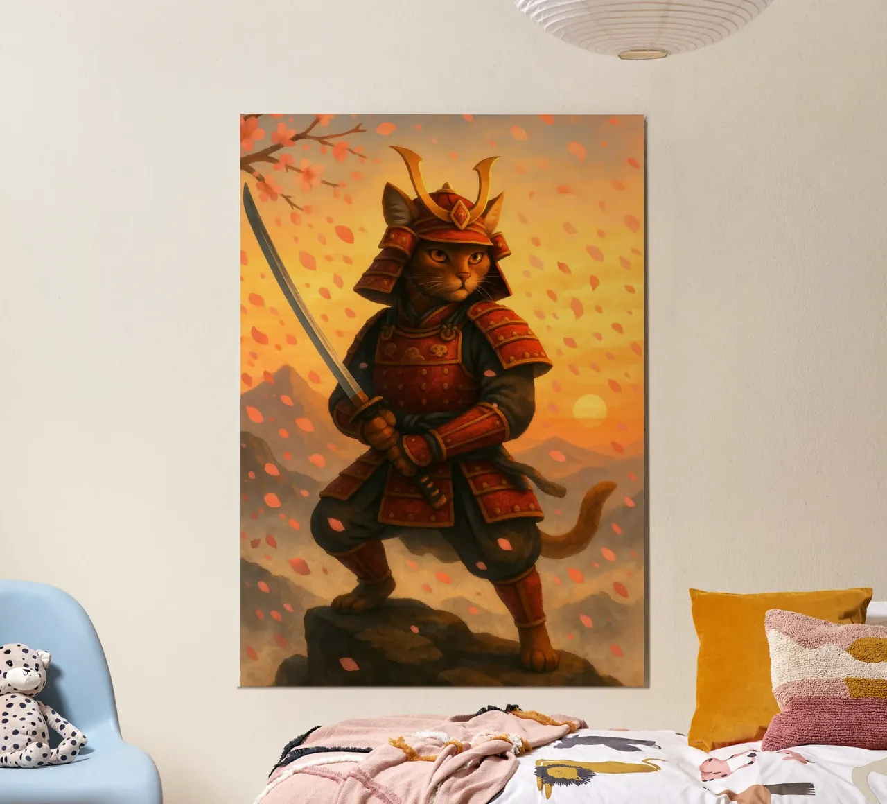 Gatto samurai in una tempesta di fiori di ciliegio poster con telaio in alluminio da pixelbull - medieval art and more