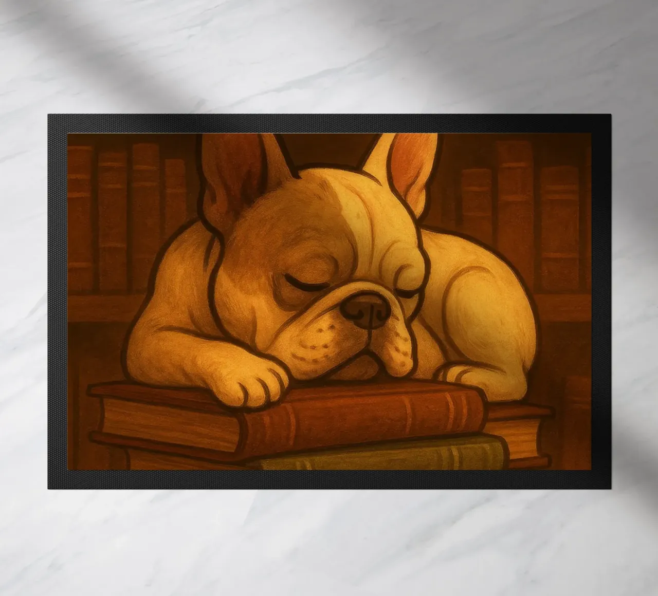 Bulldog francese addormentato in una biblioteca zerbino da pixelbull - medieval art and more