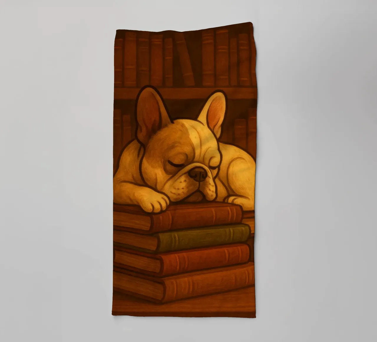 Bulldog francese addormentato in una biblioteca asciugamano da bagno da pixelbull - medieval art and more