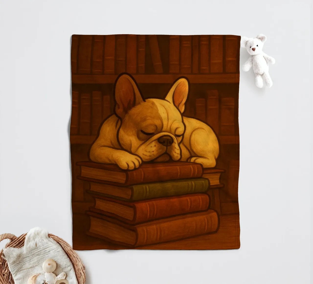 Bulldog francese addormentato in una biblioteca coperta in pile da pixelbull - medieval art and more