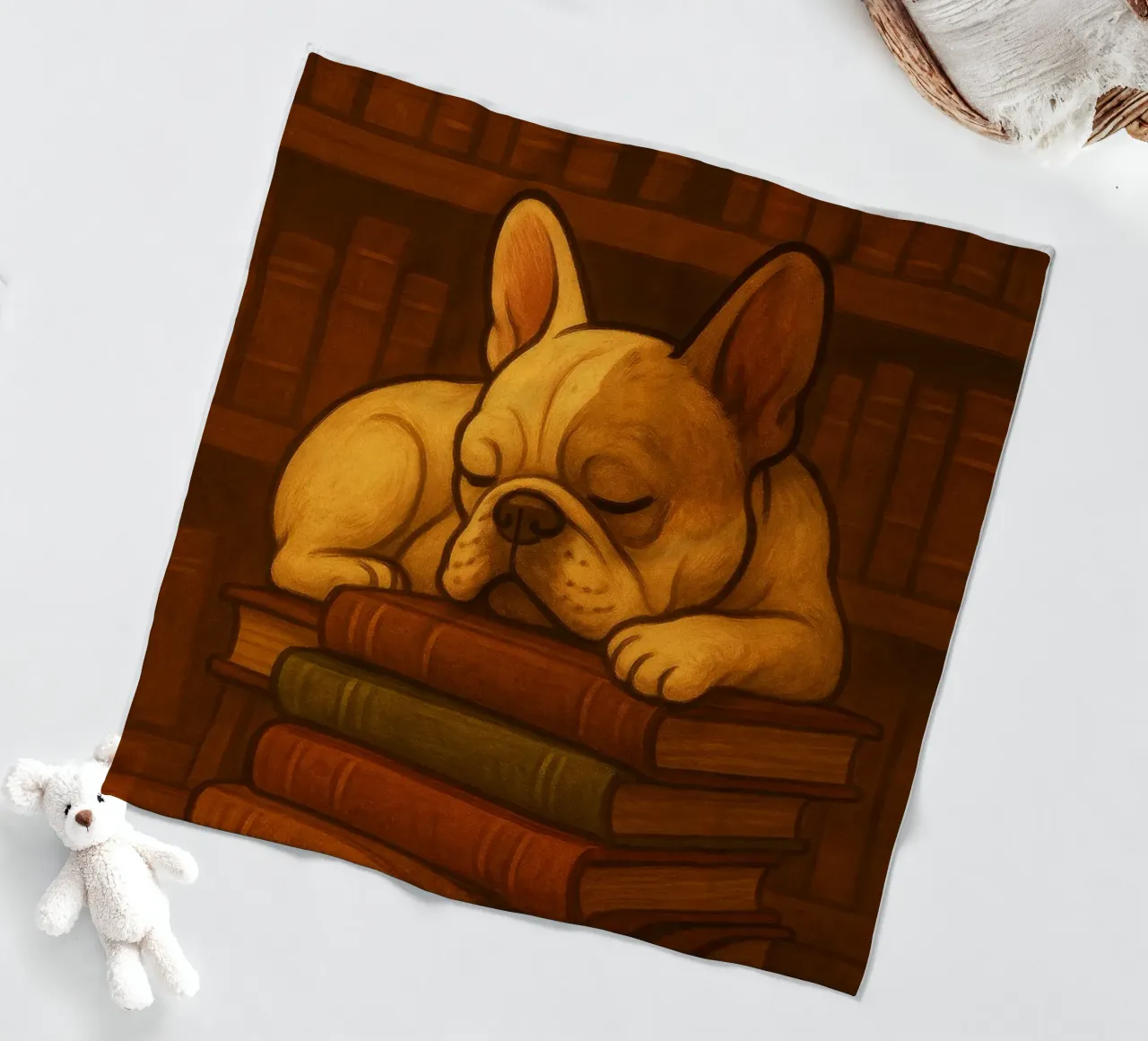 Bulldog francese addormentato in una biblioteca coperta in pile da pixelbull - medieval art and more