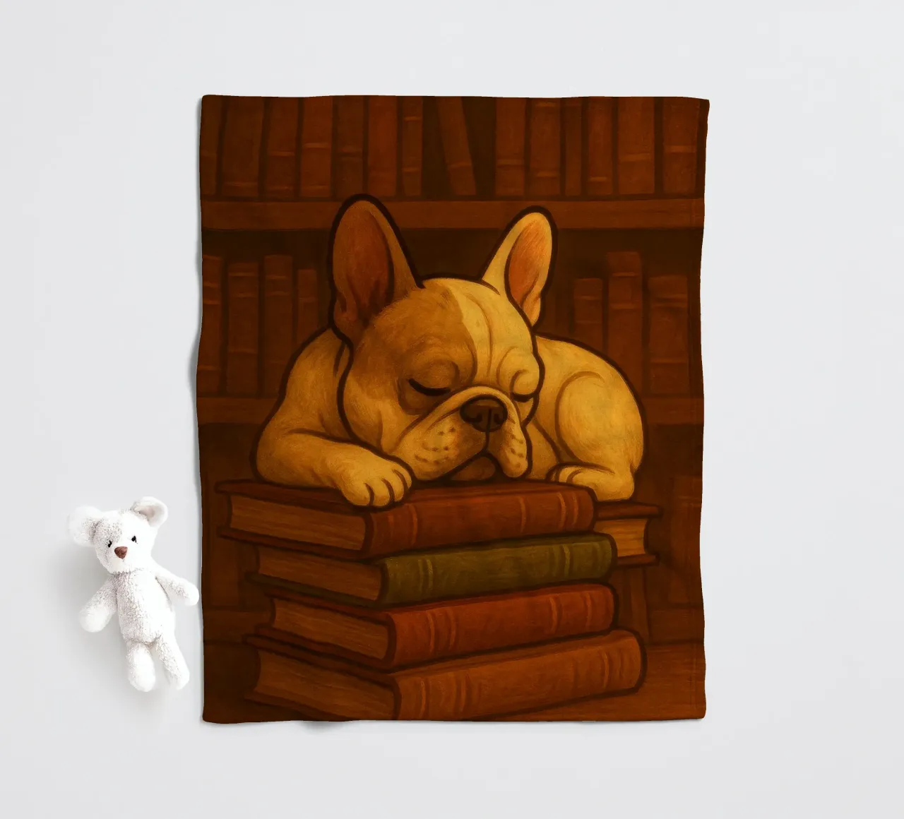 Bulldog francese addormentato in una biblioteca coperta in pile da pixelbull - medieval art and more