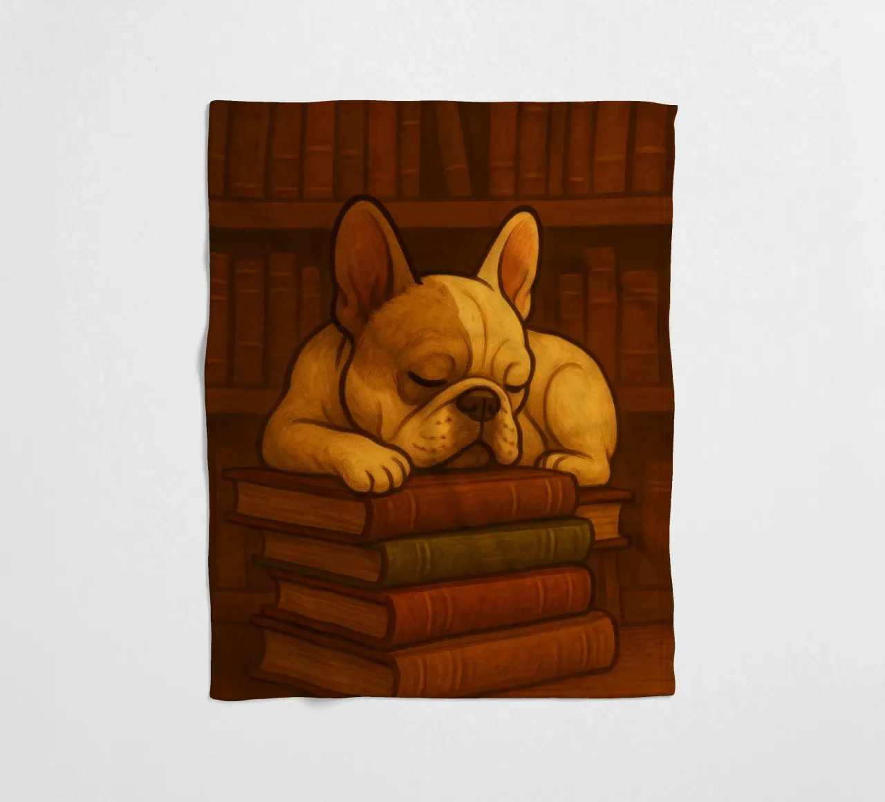 Bulldog francese addormentato in una biblioteca coperta in pile da pixelbull - medieval art and more