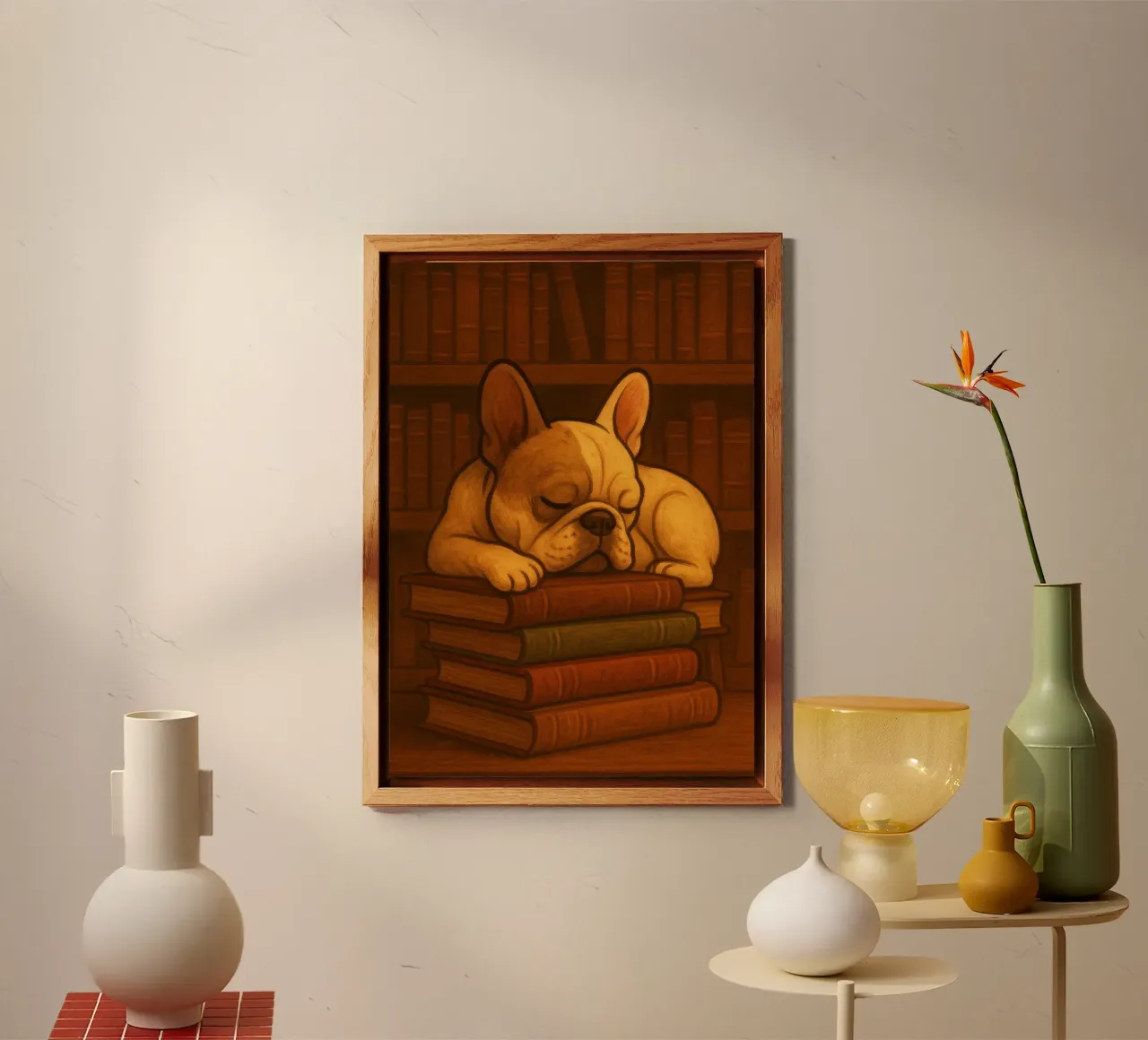 Bulldog francese addormentato in una biblioteca alluminio dibond da pixelbull - medieval art and more