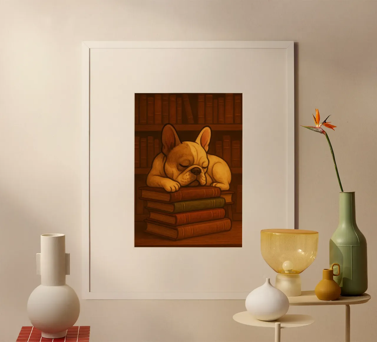 Bulldog francese addormentato in una biblioteca carta hahnemühle da pixelbull - medieval art and more