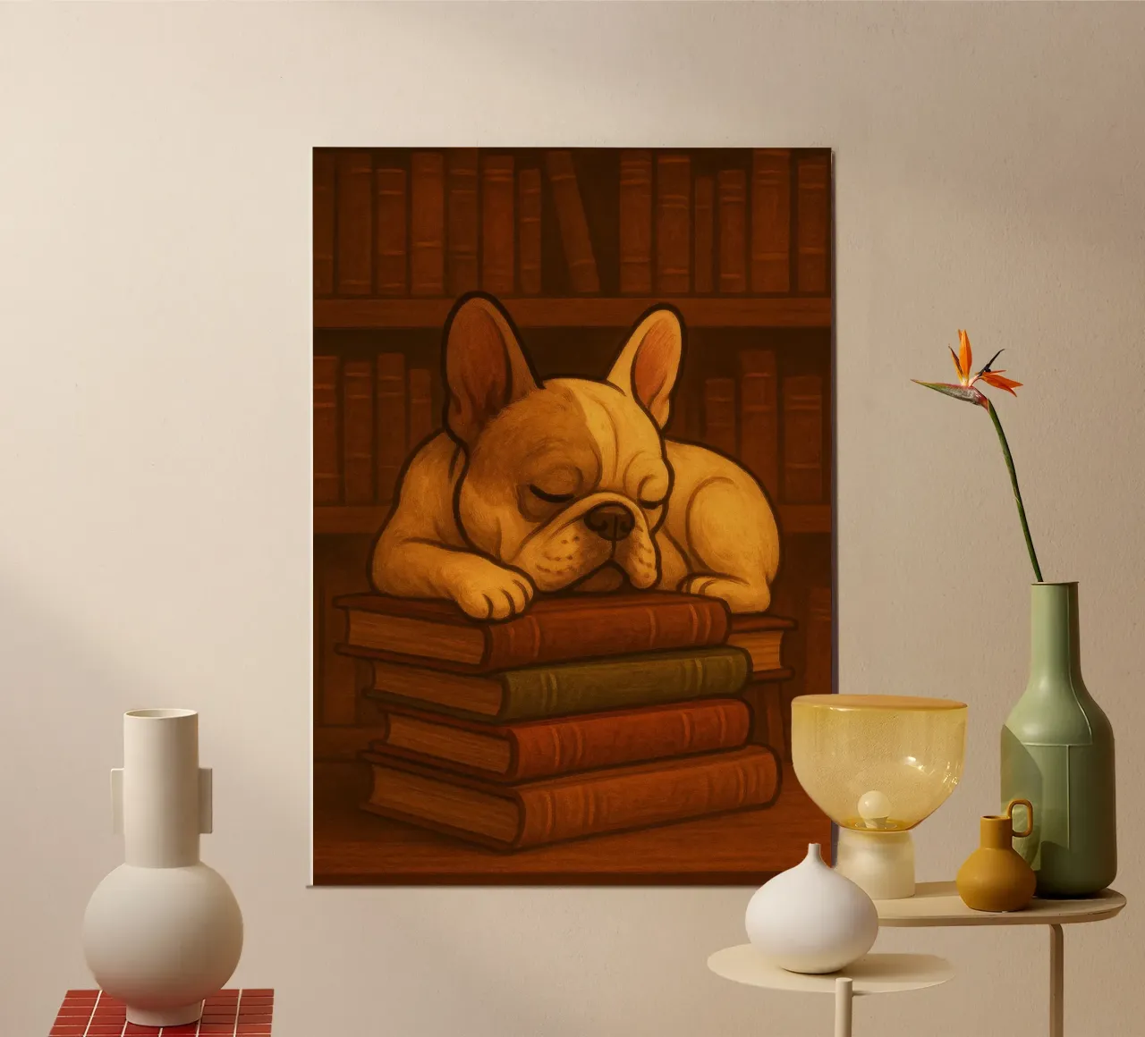 Bulldog francese addormentato in una biblioteca carta hahnemühle da pixelbull - medieval art and more