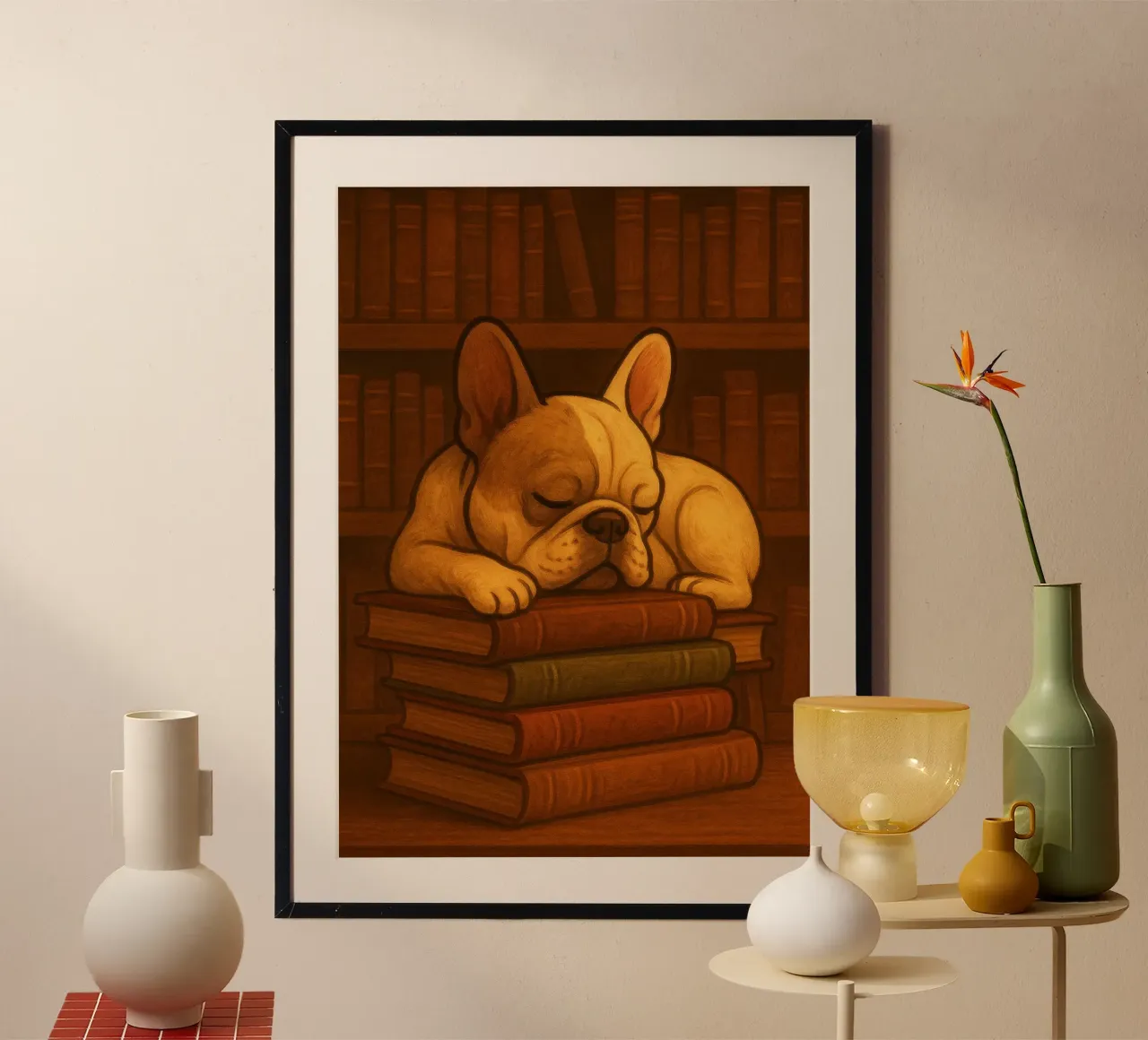 Bulldog francese addormentato in una biblioteca carta hahnemühle da pixelbull - medieval art and more
