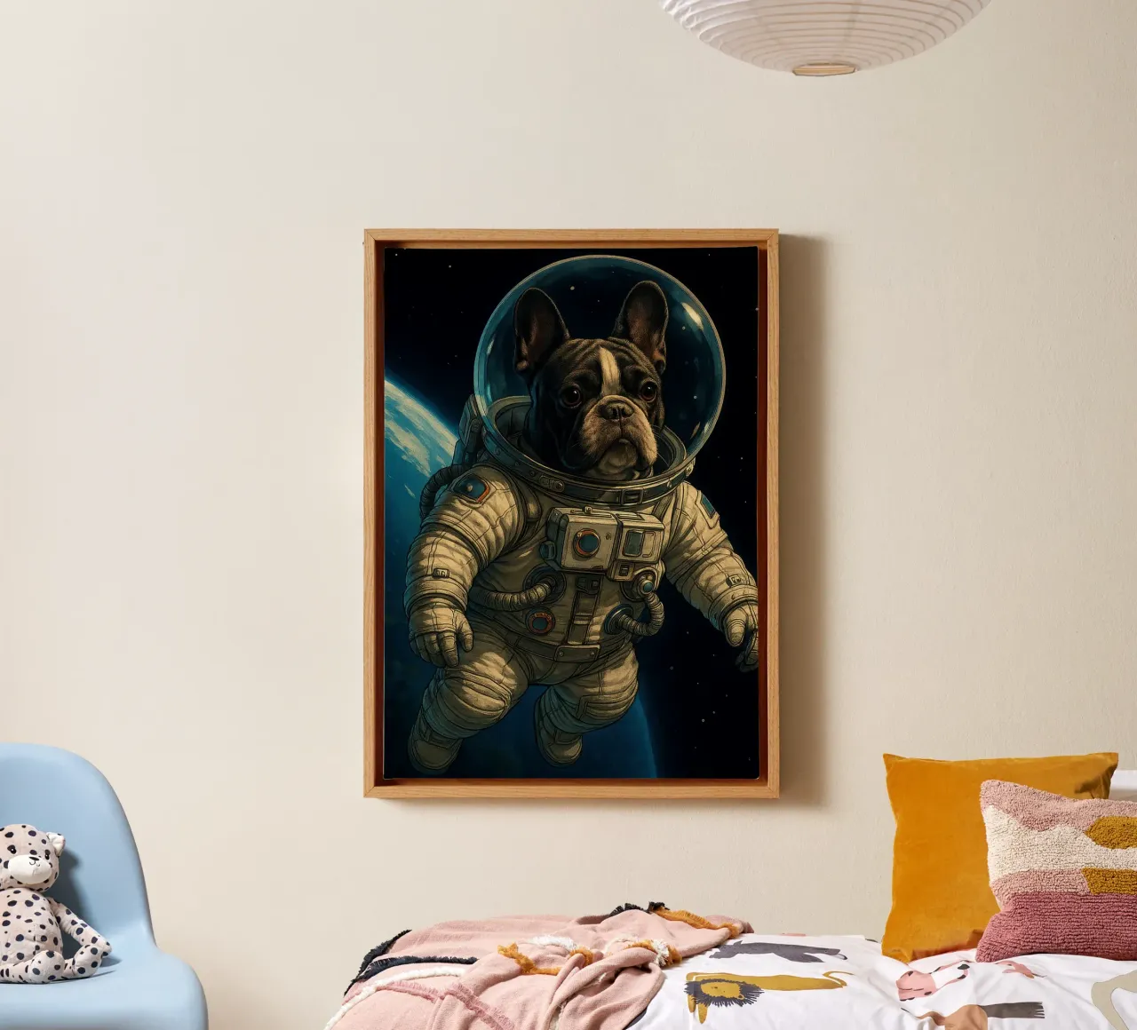 Bulldog francés como astronauta en el espacio lienzo con Marco flotante de pixelbull - medieval art and more