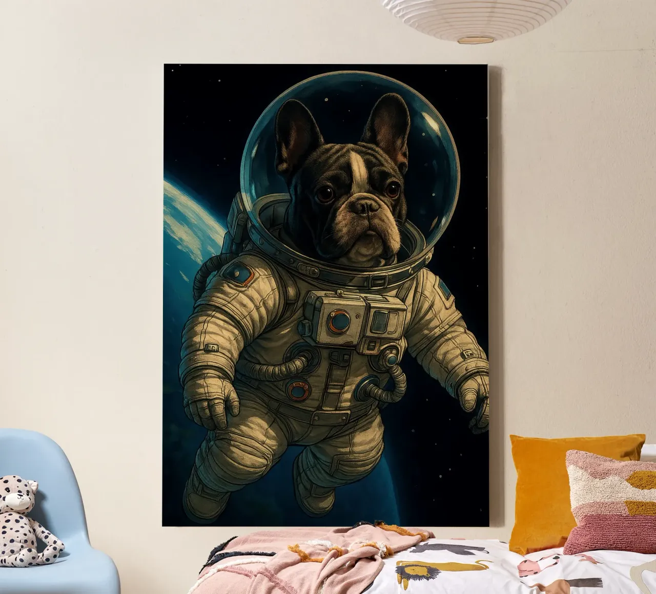 Bulldog francés como astronauta en el espacio lienzo con Marco flotante de pixelbull - medieval art and more