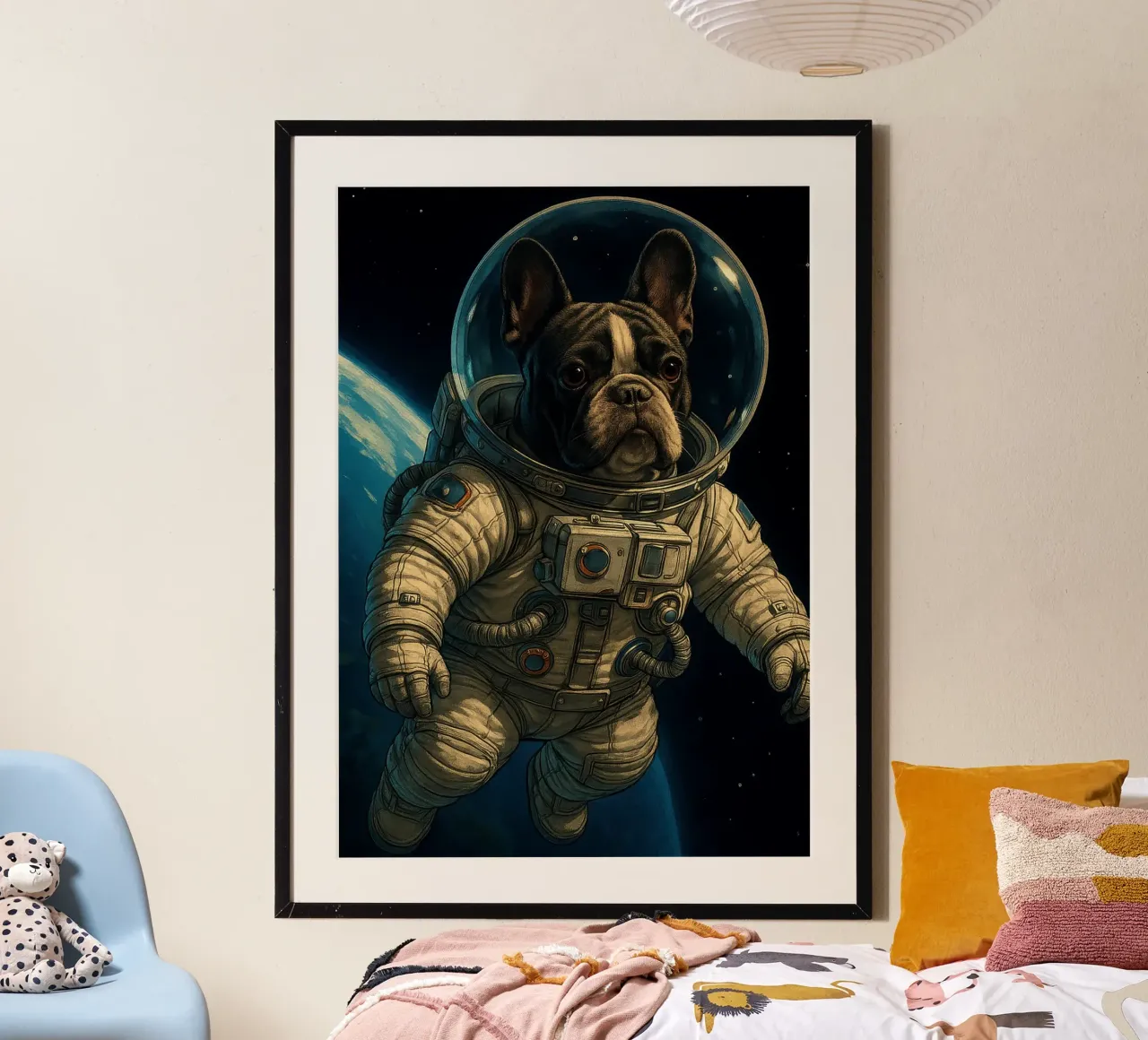 Il bulldog francese come astronauta nello spazio poster con telaio in plastica da pixelbull - medieval art and more