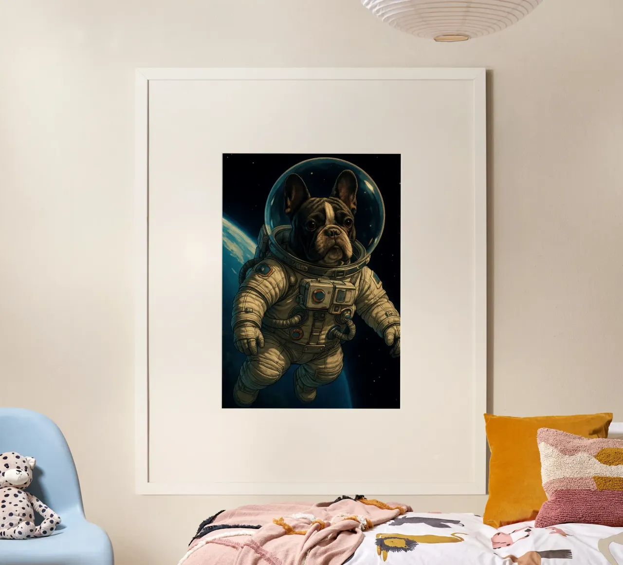Il bulldog francese come astronauta nello spazio poster con telaio in plastica da pixelbull - medieval art and more