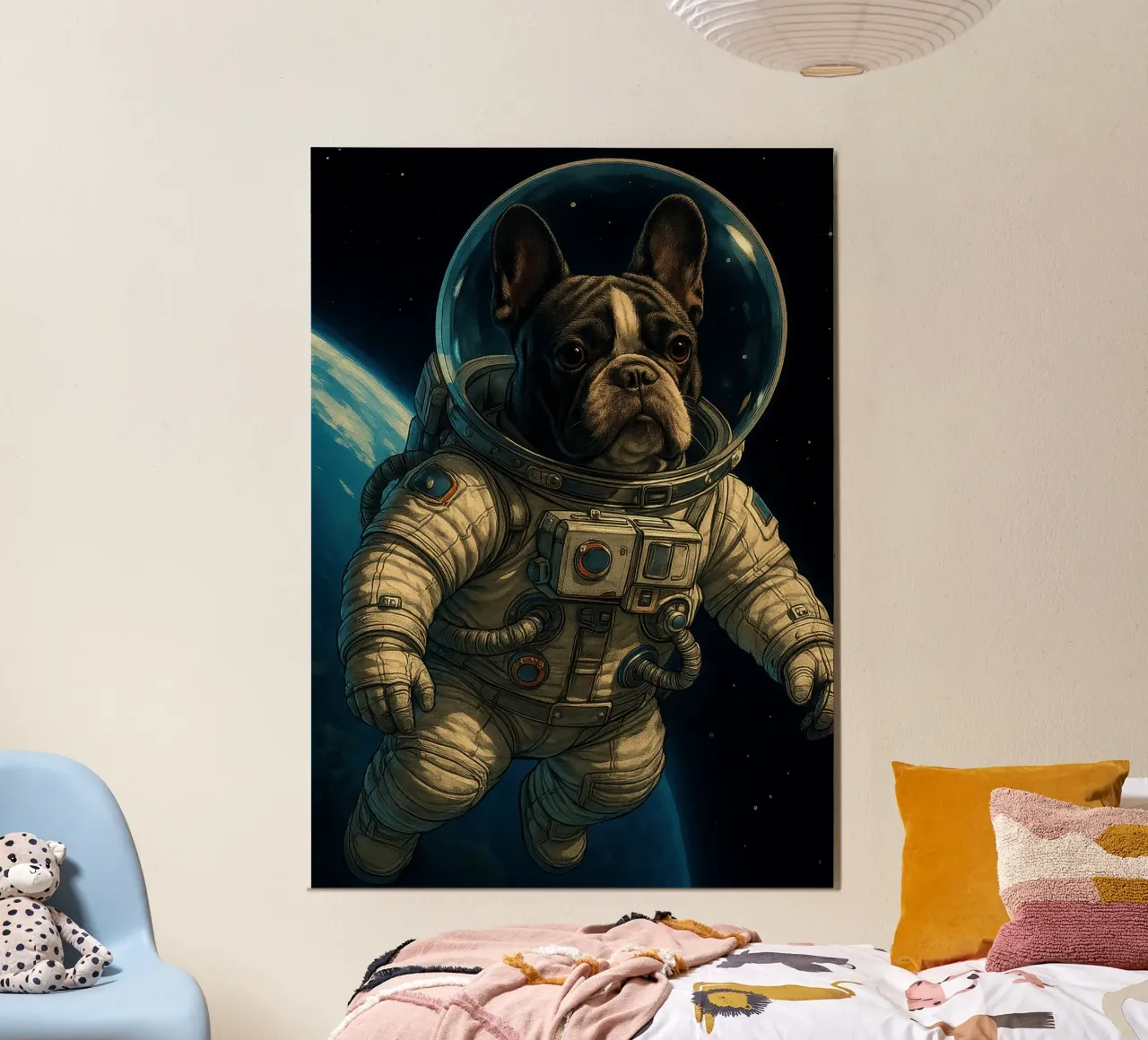 Il bulldog francese come astronauta nello spazio poster con telaio in plastica da pixelbull - medieval art and more