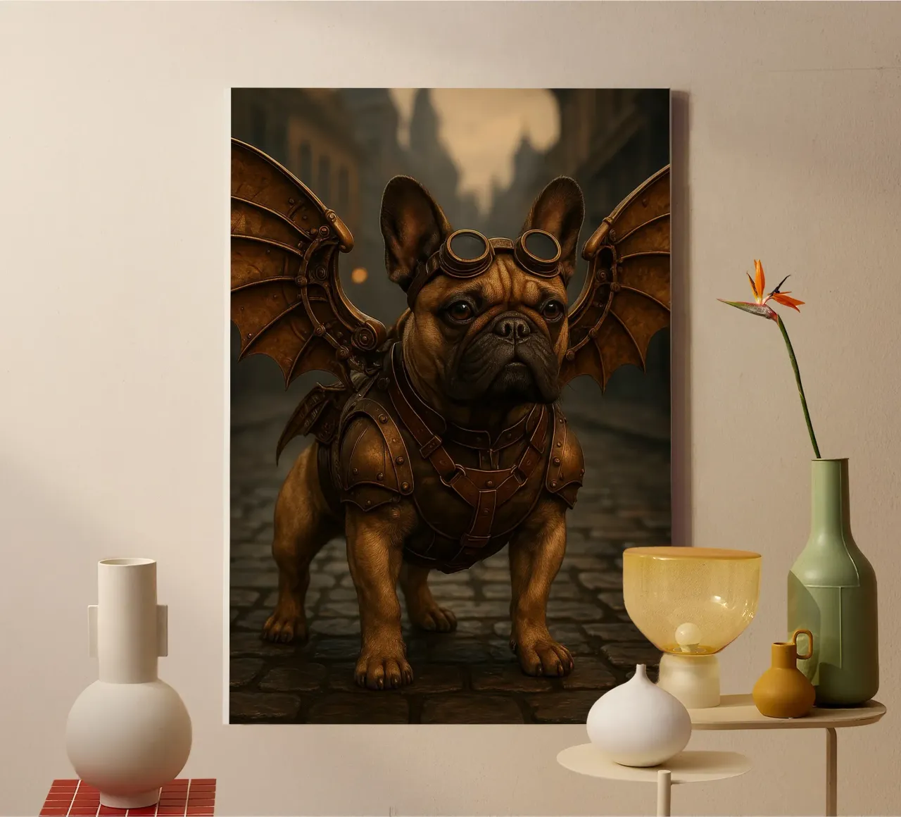 Steampunk buldog met mechanische vleugels canvas met Baklijst van pixelbull - medieval art and more
