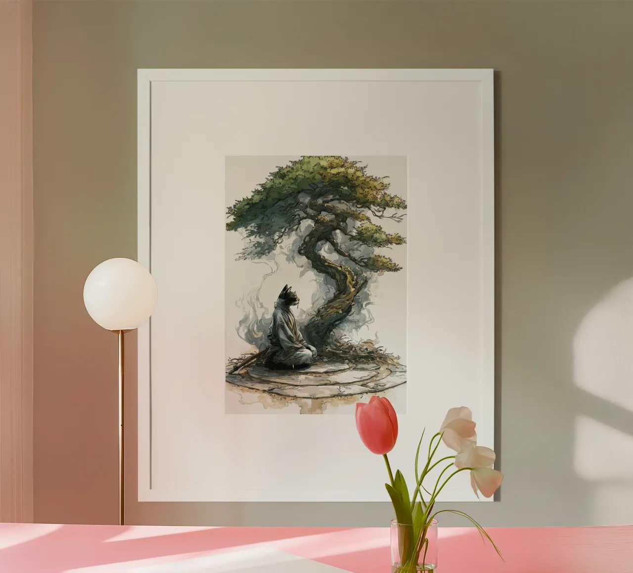 Gatto samurai in meditazione sotto un bonsai poster da pixelbull - medieval art and more