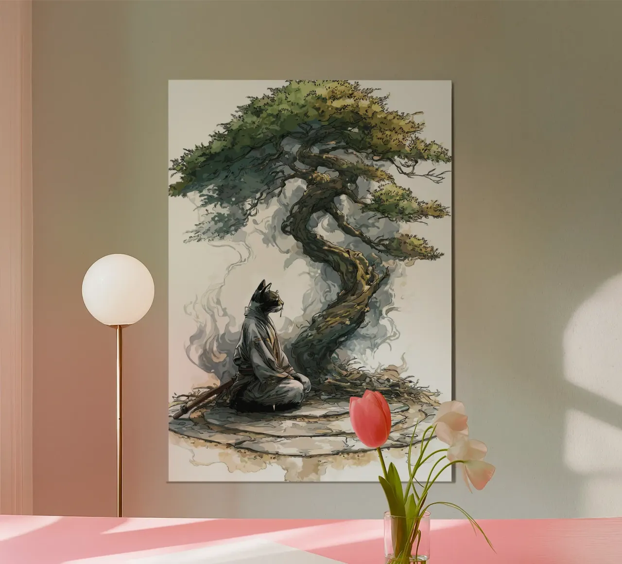 Gatto samurai in meditazione sotto un bonsai poster da pixelbull - medieval art and more