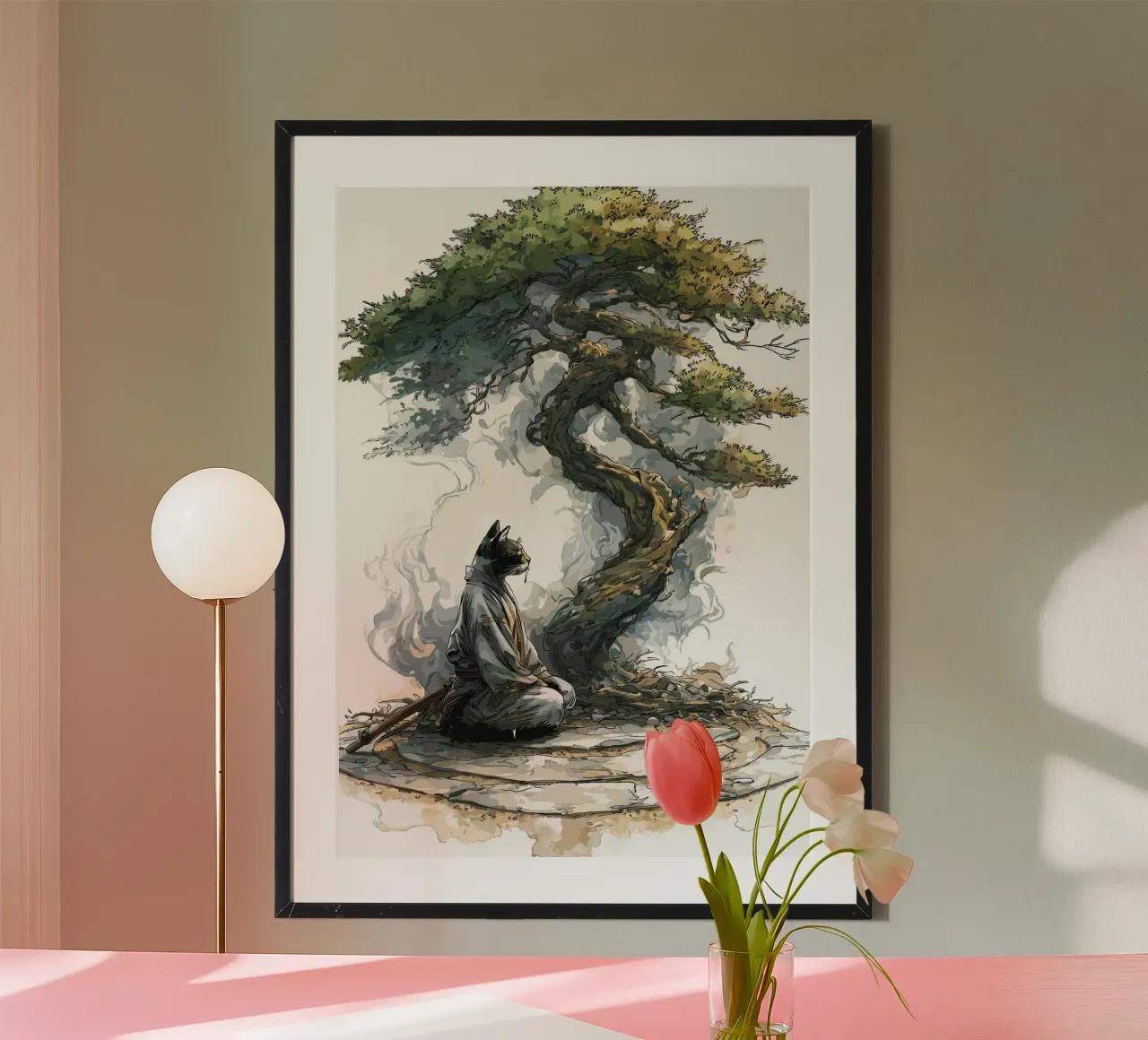 Gatto samurai in meditazione sotto un bonsai poster da pixelbull - medieval art and more