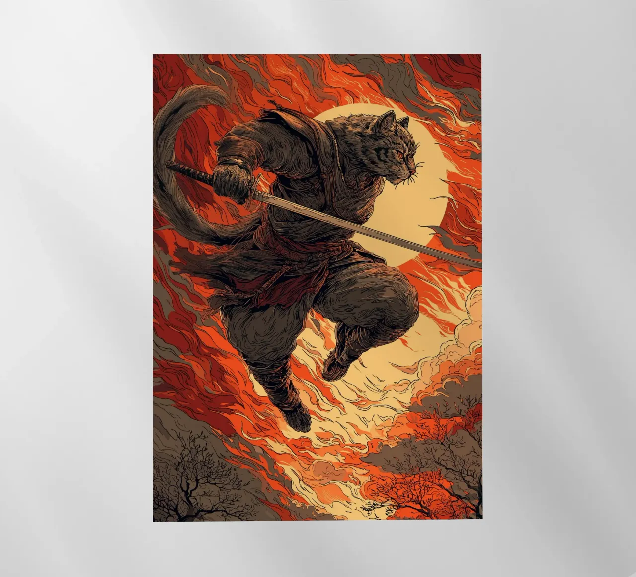 Combattere un gatto samurai in una tempesta di fuoco pellicola backlit da pixelbull - medieval art and more