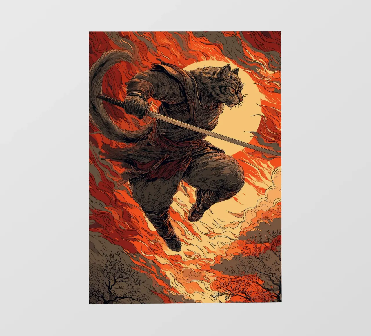 Combattere un gatto samurai in una tempesta di fuoco pellicola backlit da pixelbull - medieval art and more