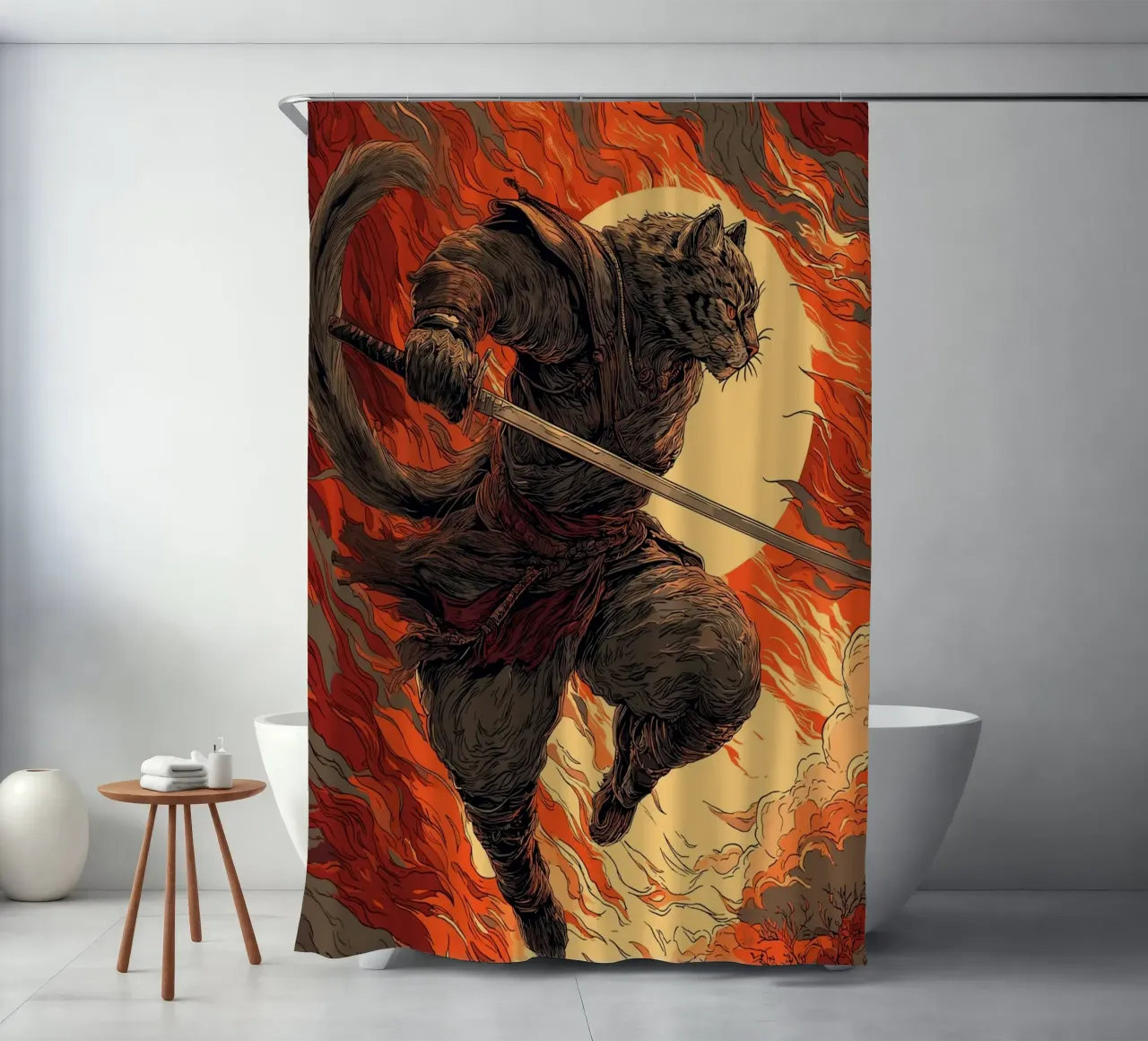 Combattere un gatto samurai in una tempesta di fuoco tenda da doccia da pixelbull - medieval art and more