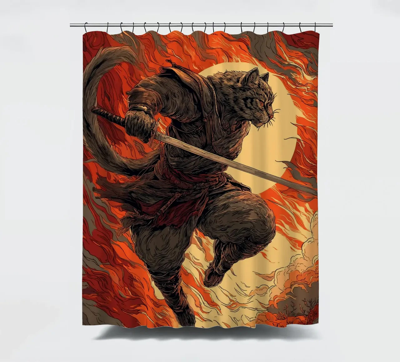 Combattere un gatto samurai in una tempesta di fuoco tenda da doccia da pixelbull - medieval art and more