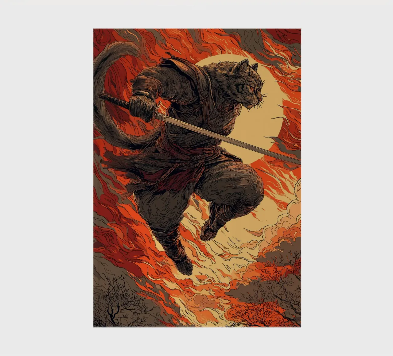 Chat samouraï combattant dans une tempête de flammes carnet de notes de pixelbull - medieval art and more