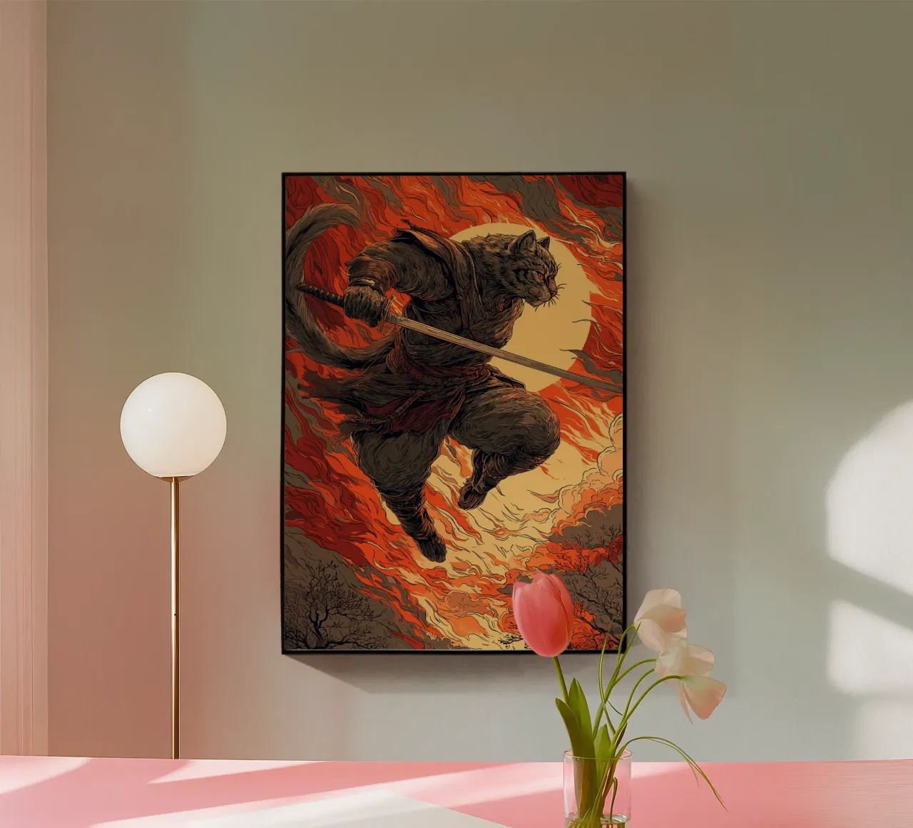 Combattere un gatto samurai in una tempesta di fuoco plexiglass da pixelbull - medieval art and more