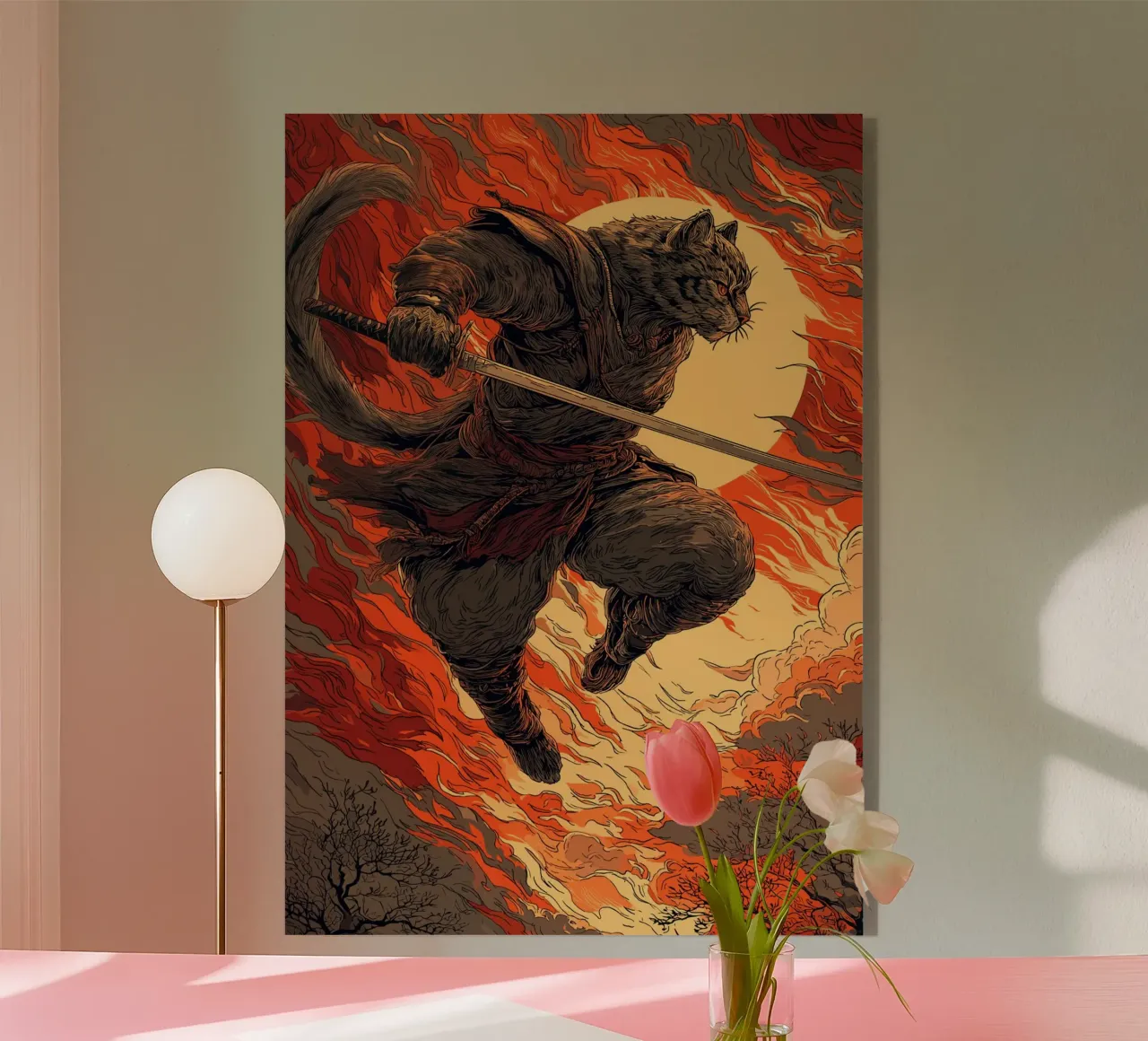 Combattere un gatto samurai in una tempesta di fuoco plexiglass da pixelbull - medieval art and more