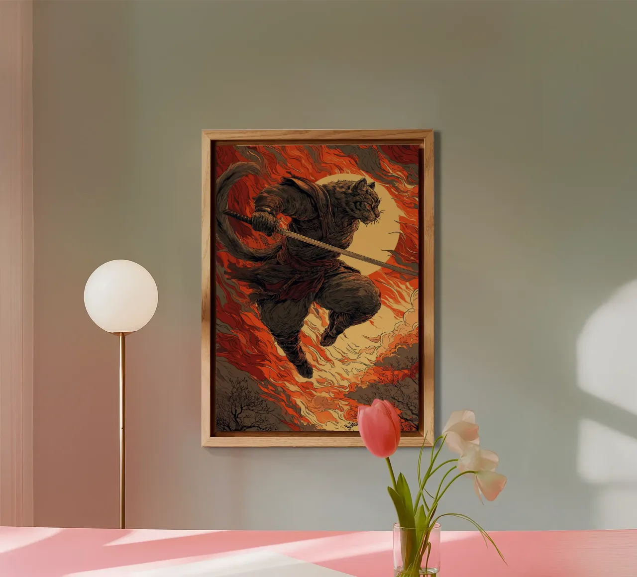Combattere un gatto samurai in una tempesta di fuoco alluminio dibond da pixelbull - medieval art and more
