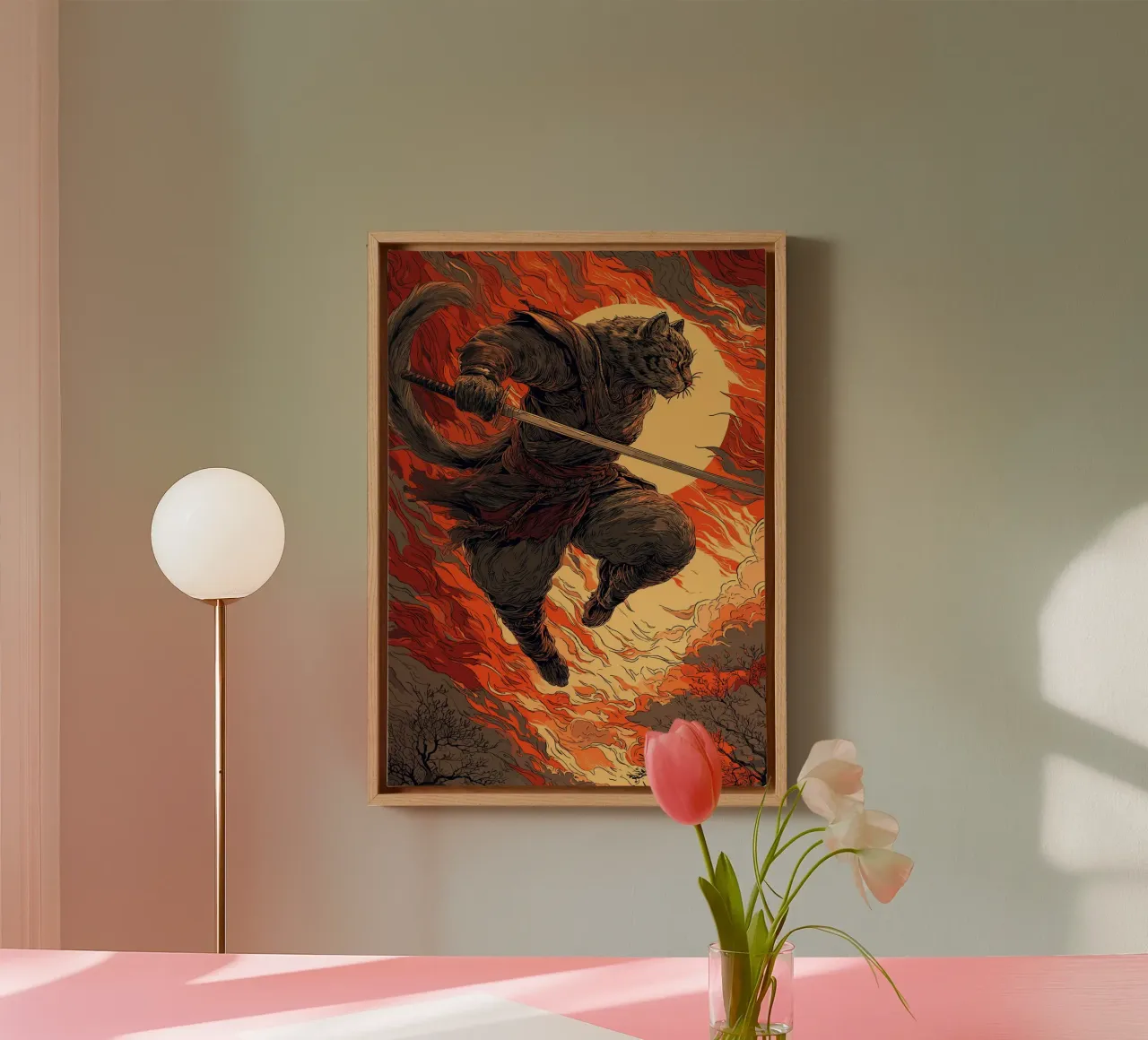 Combattere un gatto samurai in una tempesta di fuoco tela con Cornice a cassetta da pixelbull - medieval art and more