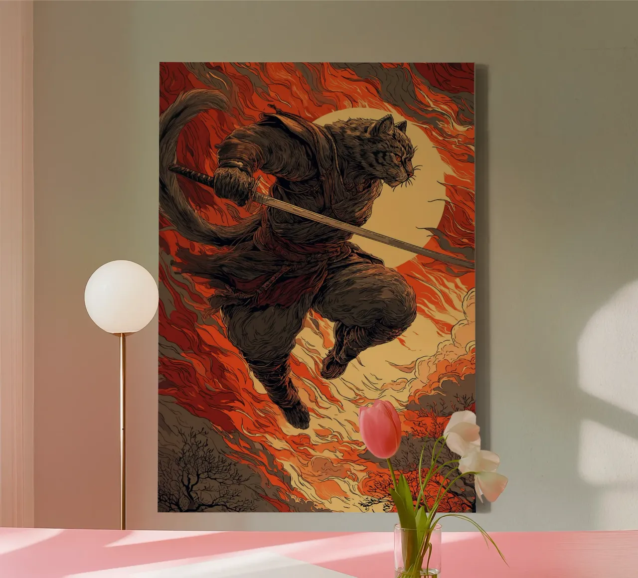 Combattere un gatto samurai in una tempesta di fuoco tela con Cornice a cassetta da pixelbull - medieval art and more